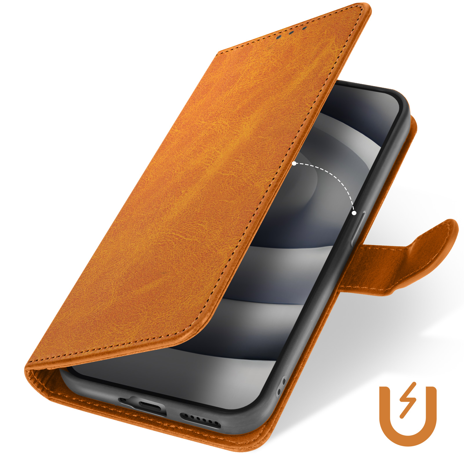 Una custodia per telefono in pelle marrone. La custodia è aperta, mostrando un telefono all'interno. Il simbolo magnetico è visibile.