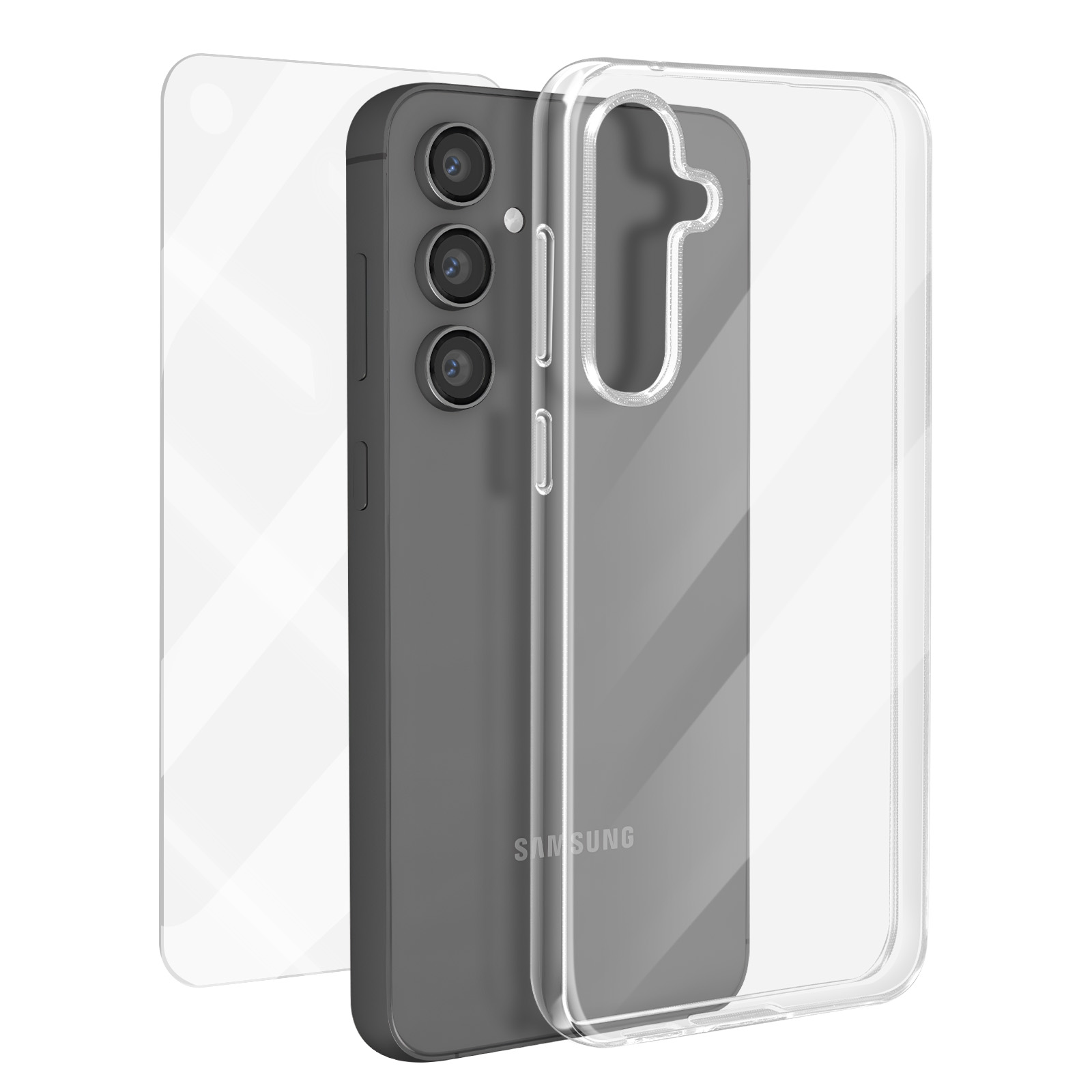 Ein Telefon mit transparenter Hülle und Displayschutz. Das Telefon ist grau und die Hülle ist transparent.