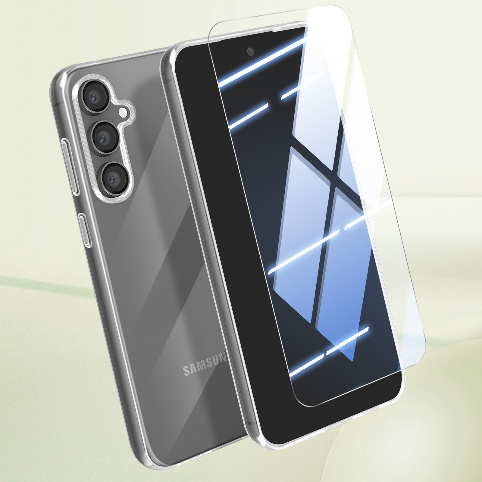 Zwei transparente Handyhüllen, eine mit Telefon und Displayschutz. Auf hellgrüner Oberfläche.