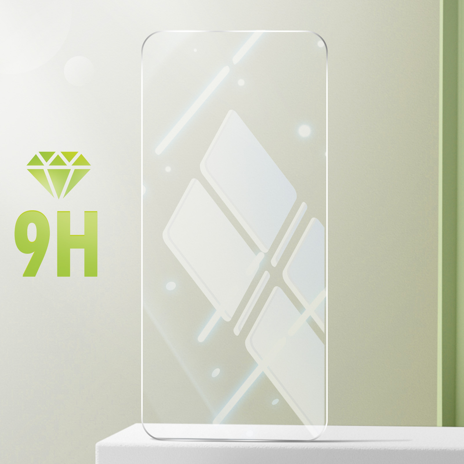 Ein klarer Displayschutz mit einem Diamanten und dem Text 9H. Der Hintergrund ist hell.
