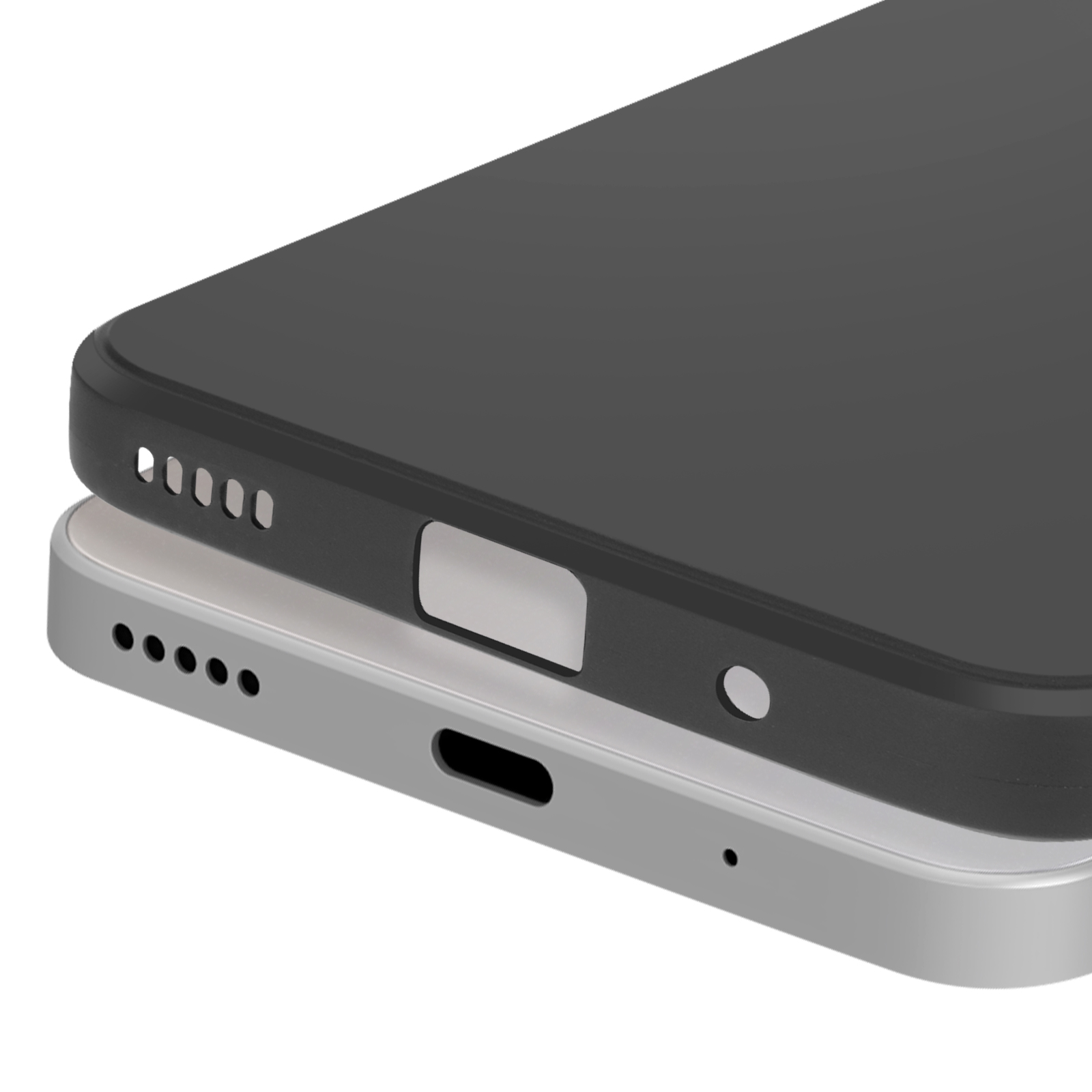 Telefonhülle mit Telefon, zeigt Kanten und Anschlüsse, mit weißem und schwarzem Gehäuse.