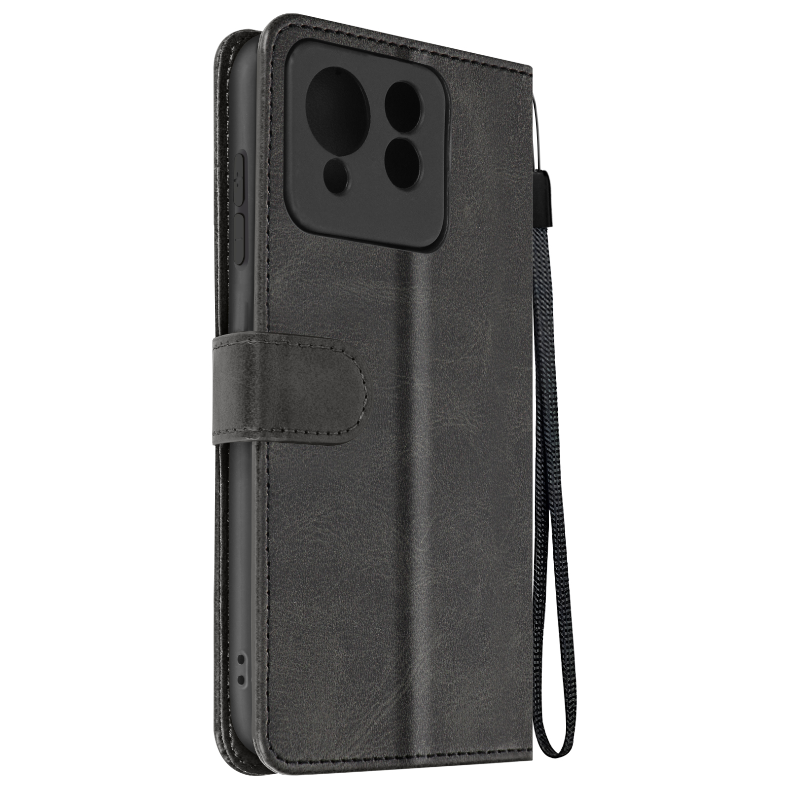 Schwarze Telefon-Brieftasche. Es hat einen Riemen und einen Magnetverschluss.