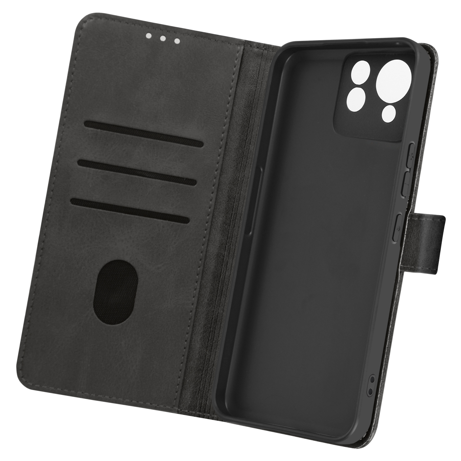 Eine offene Handyhülle mit einem Telefon darin. Die Hülle ist dunkelgrün und schwarz. Das Telefon ist nicht sichtbar.