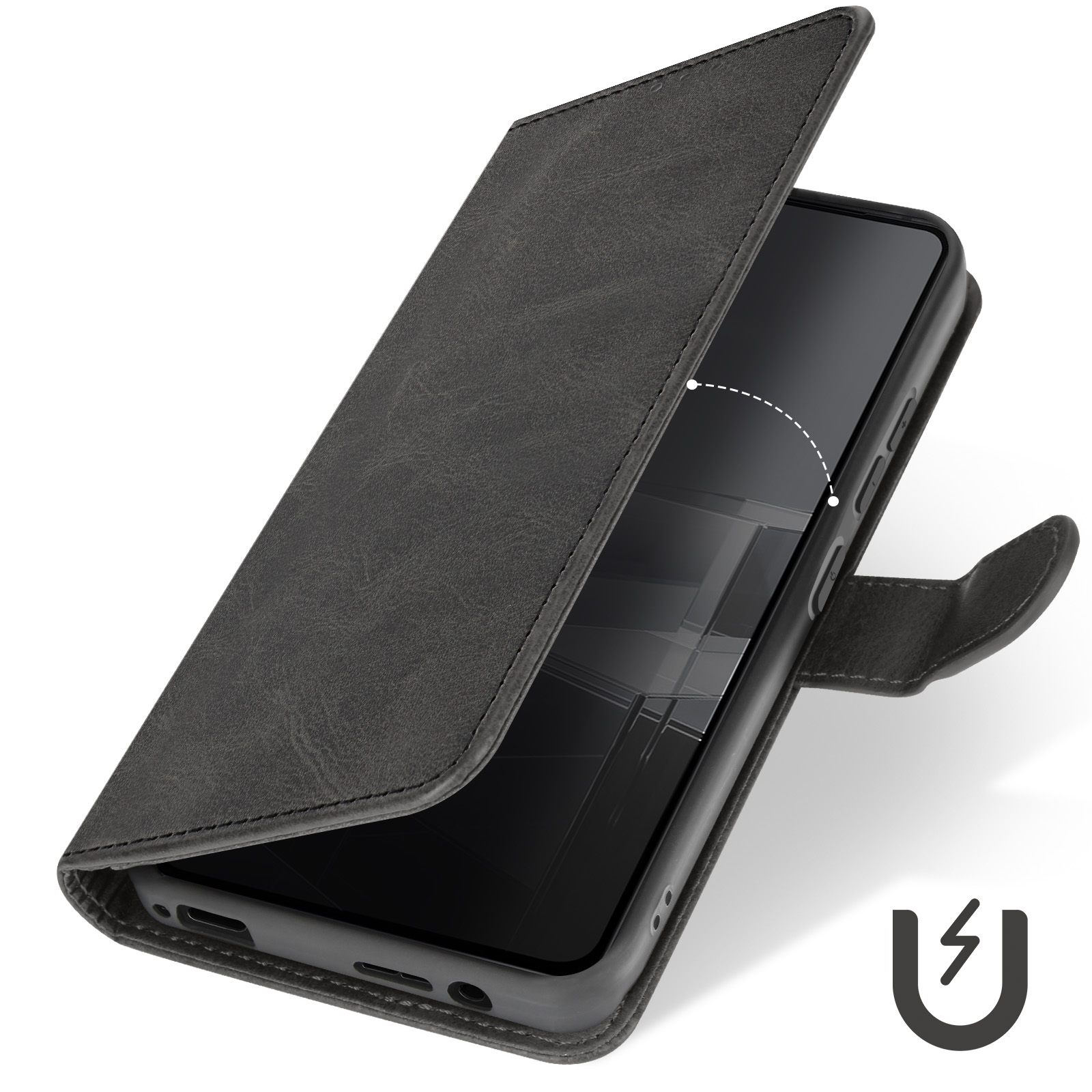 Ein graues Leder-Handy-Etui ist geöffnet und zeigt ein schwarzes Telefon. Unten befindet sich ein Blitzsymbol.