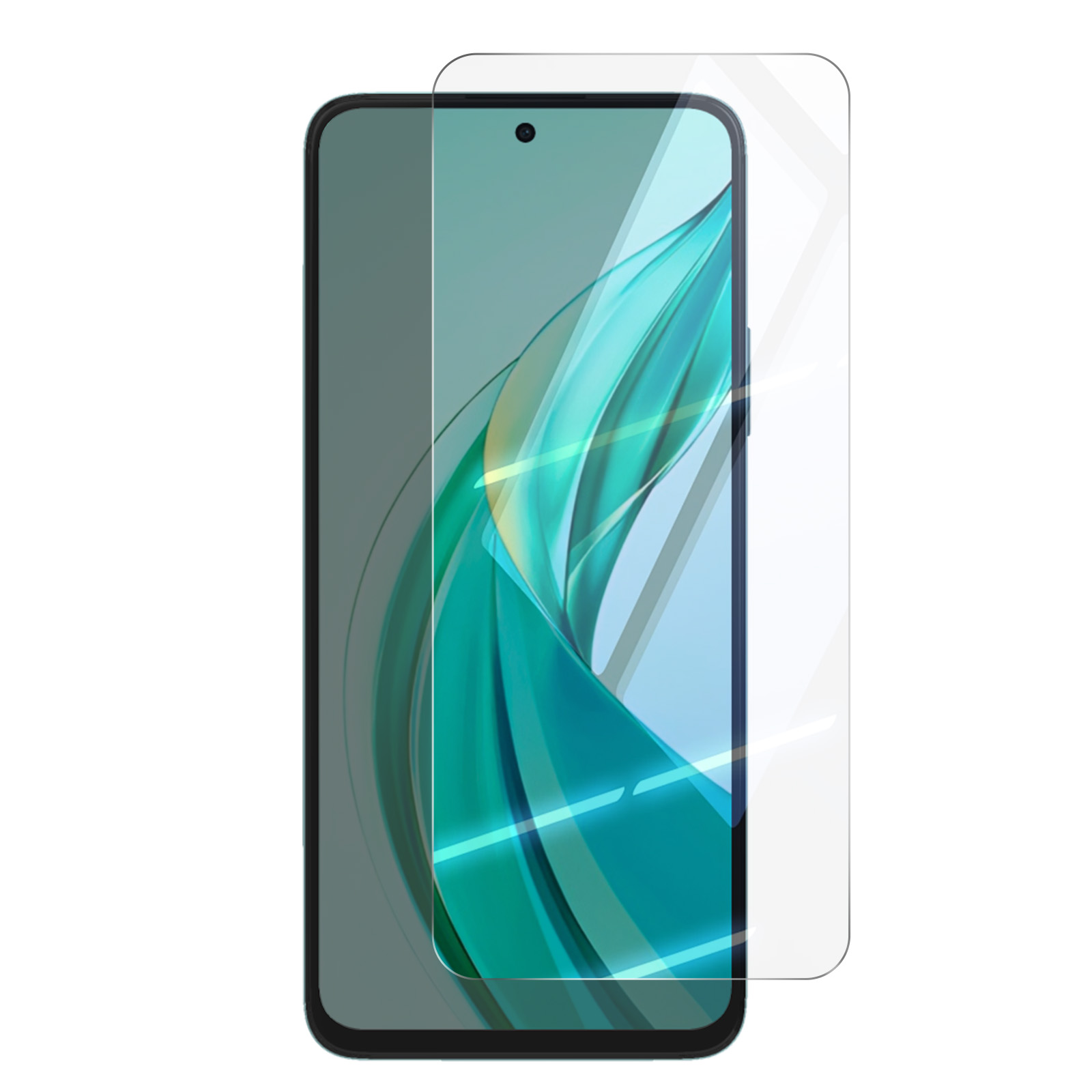Uno smartphone nero con una protezione per lo schermo applicata, che mostra un motivo verde acqua e verde con una sovrapposizione trasparente.