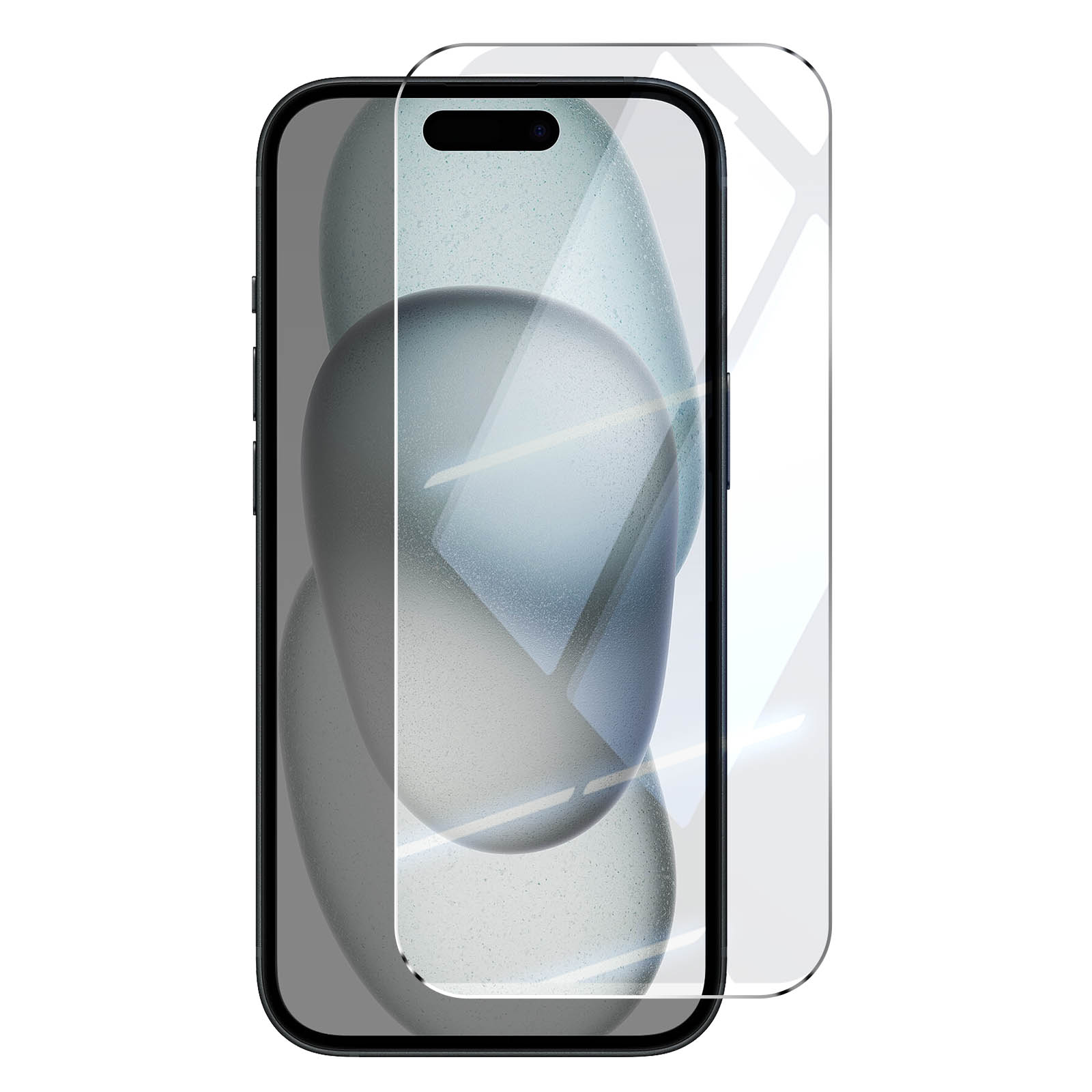 Un telefono con una protezione per lo schermo sovrapposta. Il telefono è nero e la protezione per lo schermo è trasparente.