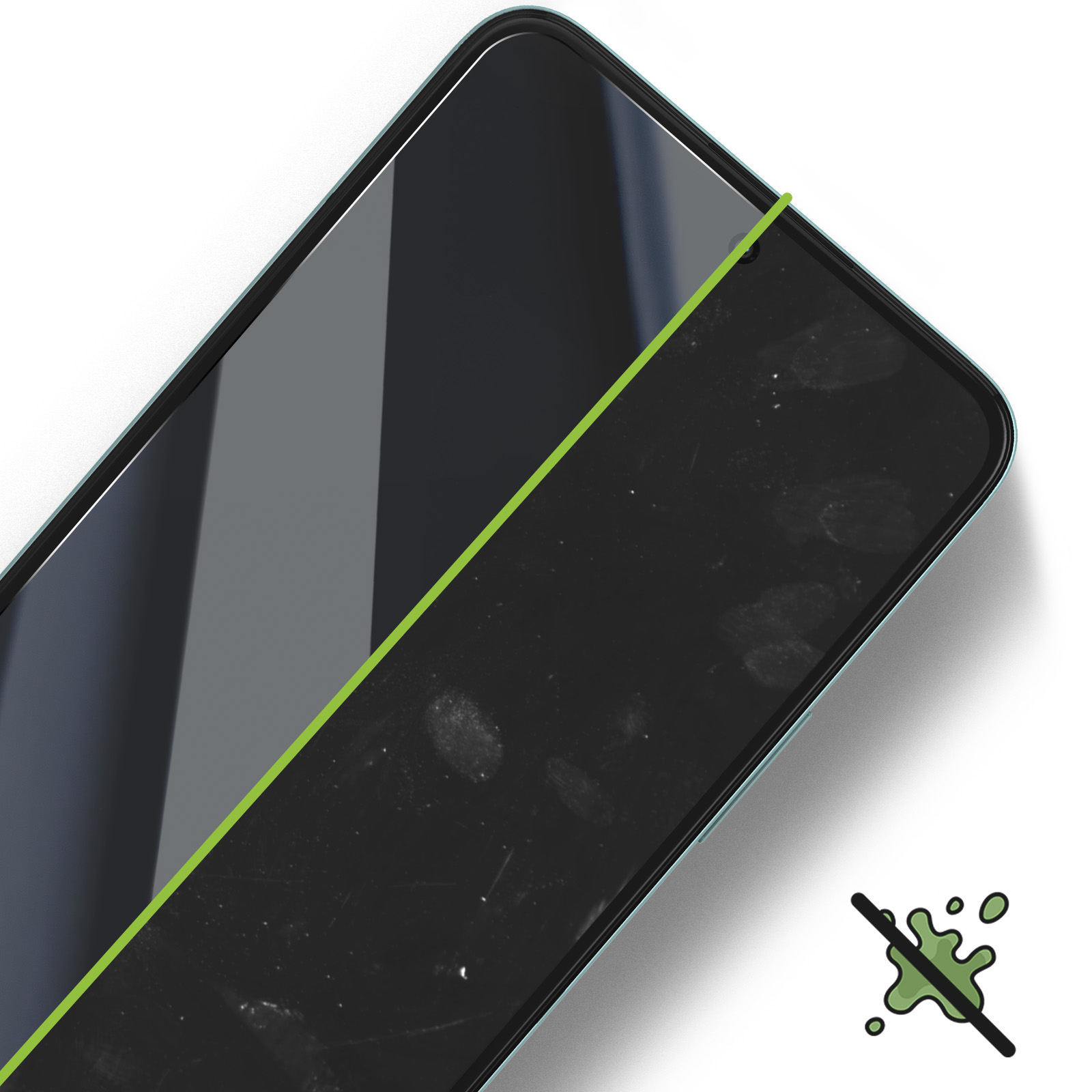 Uno schermo nero con una linea verde che lo divide. Lo schermo presenta macchie. Viene mostrata un'icona 'nessuna macchia'.