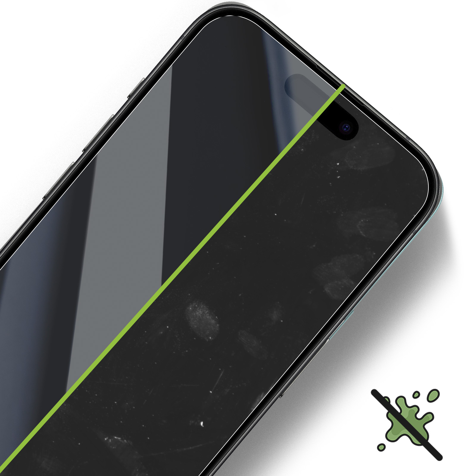 Uno schermo del telefono con un protettore. Il lato destro è sporco, il sinistro pulito con una linea verde.
