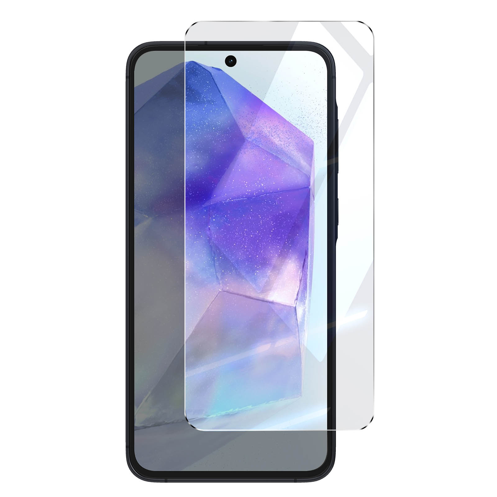 Un telefono con una protezione per lo schermo. Lo schermo ha un design astratto viola e blu. Il protettore è trasparente.