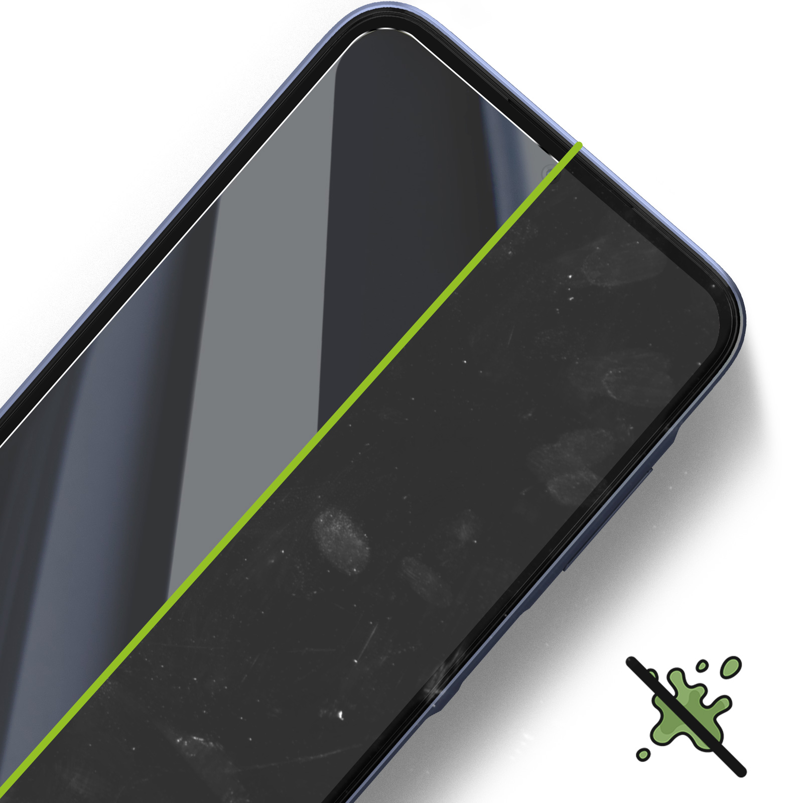 Vista ravvicinata dello schermo di uno smartphone. Lo schermo è per metà pulito, per metà macchiato, con una linea verde che li separa.