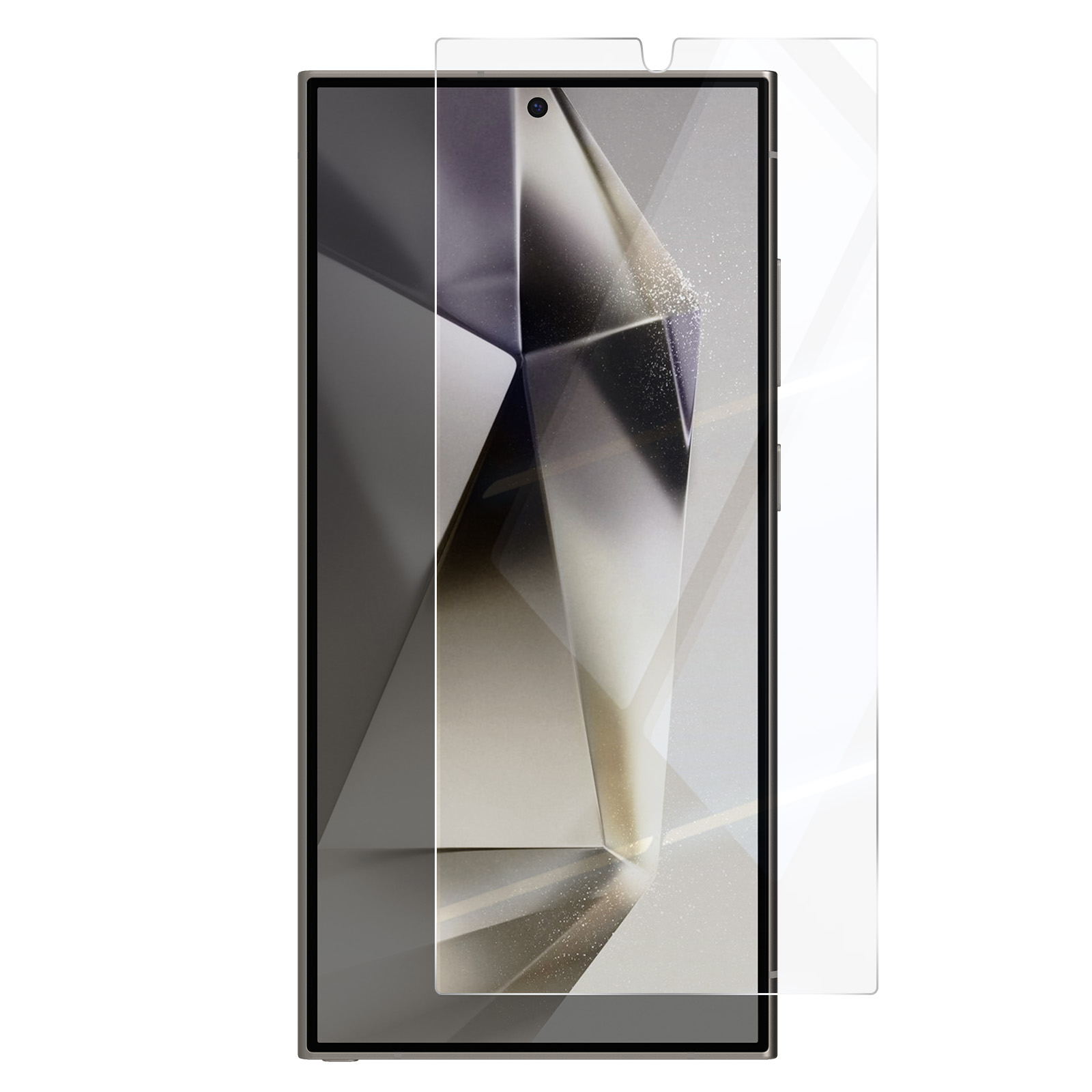 Uno smartphone con una protezione per lo schermo su sfondo bianco.