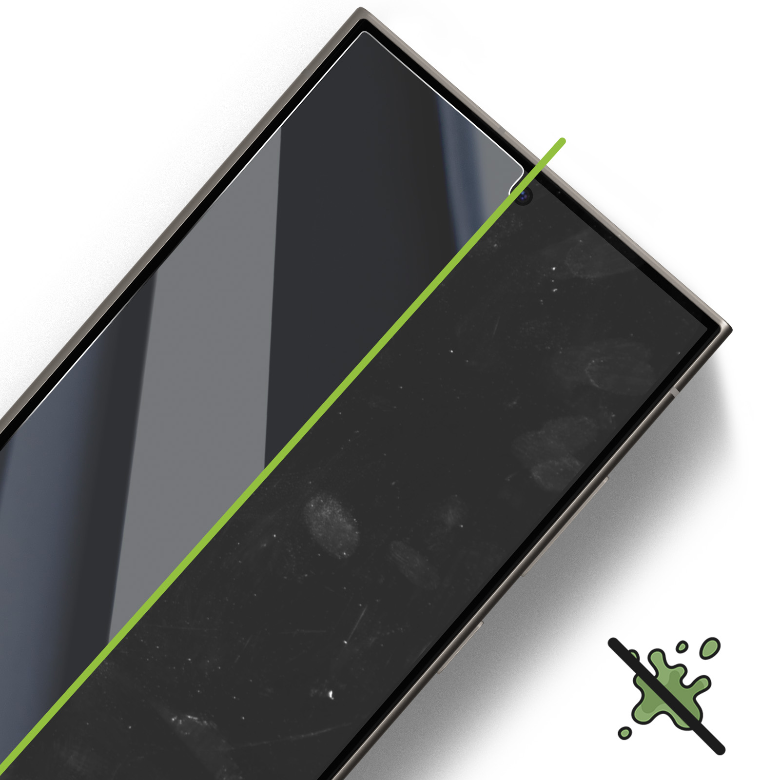 Uno schermo del telefono con una protezione per lo schermo applicata. Lo schermo è sporco sul lato destro.