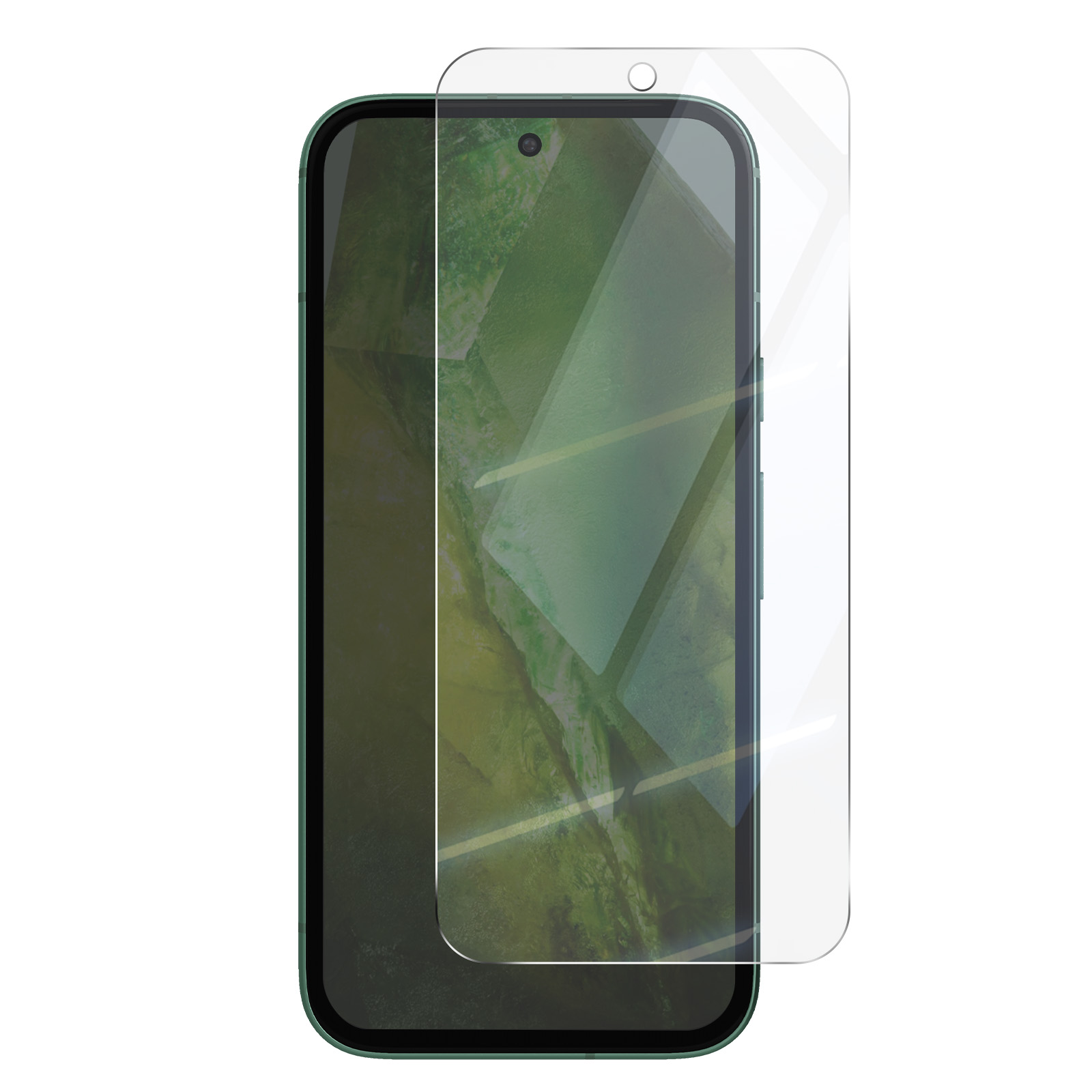 Telefono verde con protezione schermo. Il telefono è verde e la protezione è trasparente.