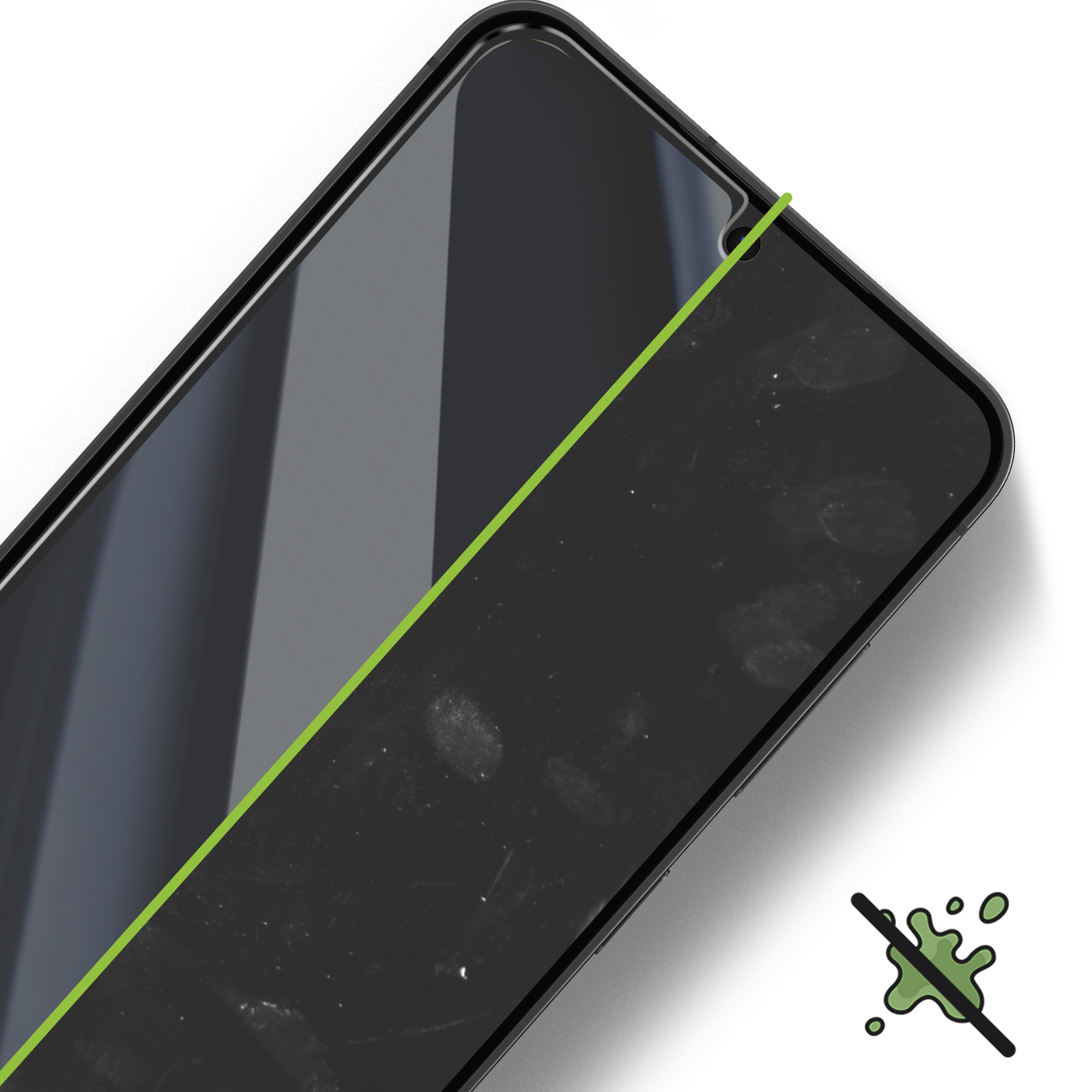 Schermo del telefono con uno strato protettivo. Una linea verde e testo.