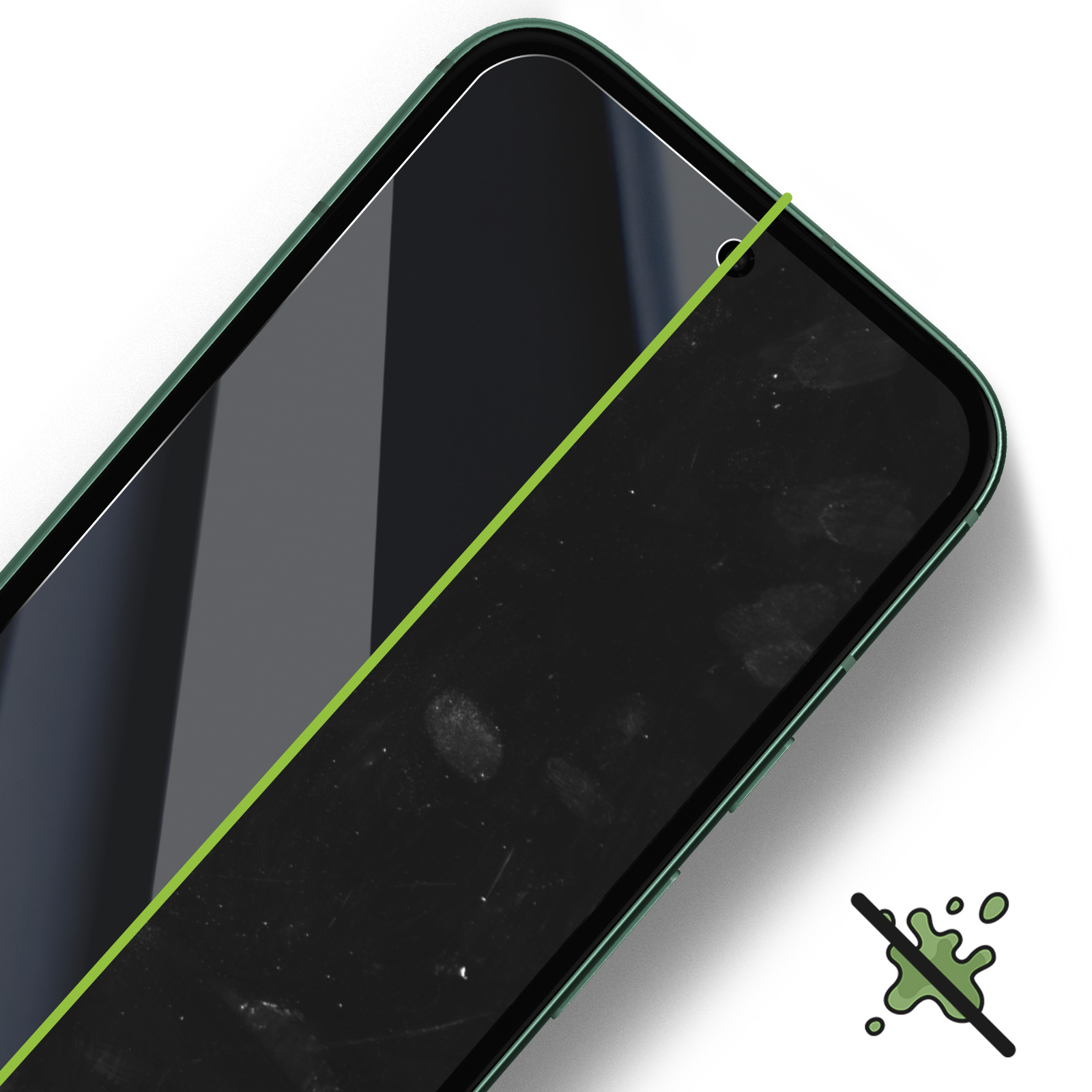 Schermo del telefono, parzialmente coperto da una protezione verde. Il lato sinistro ha uno schermo pulito.
