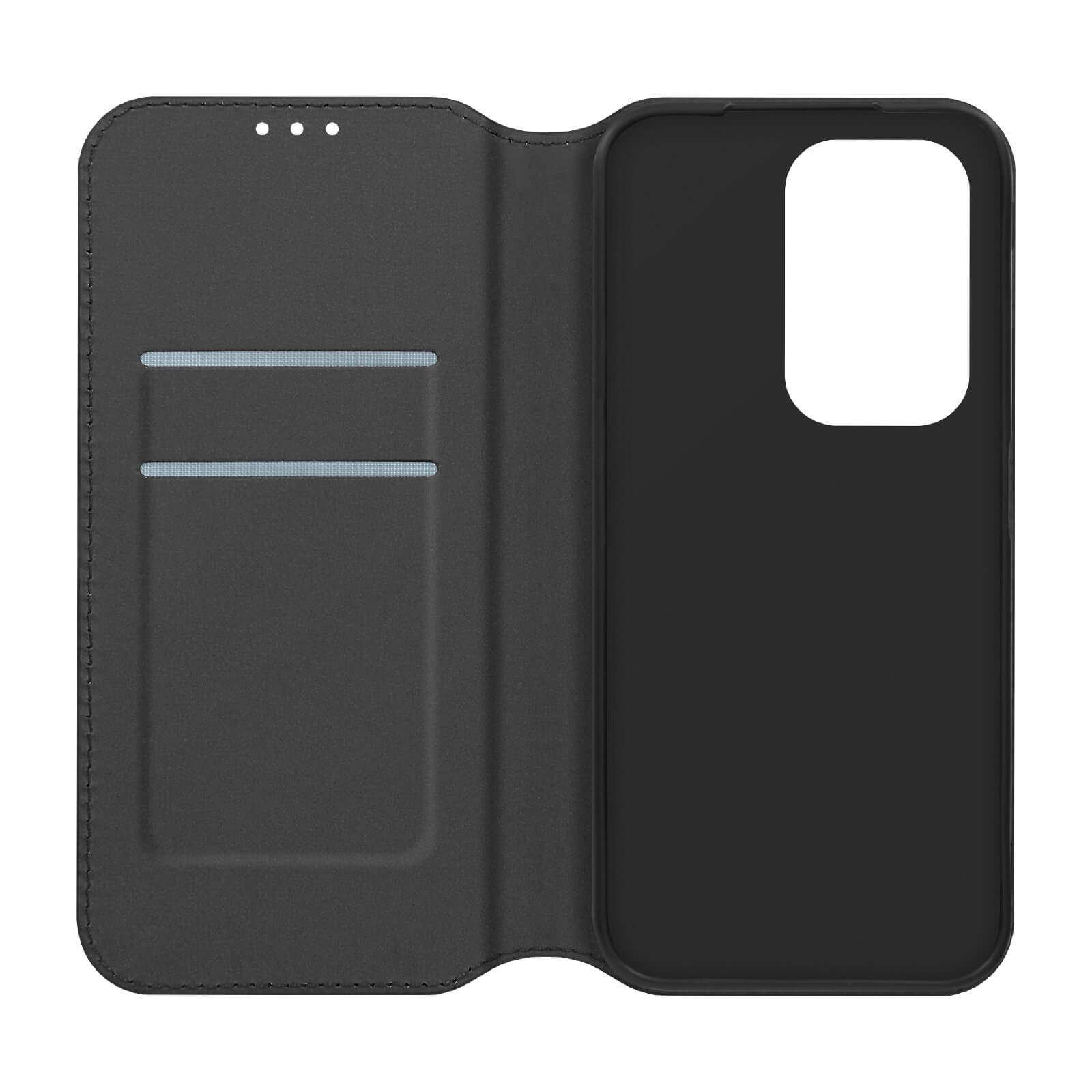 Eine schwarze Telefonhülle, geöffnet, zeigt Kartenfächer und das Innere. Schwarze Farbe.