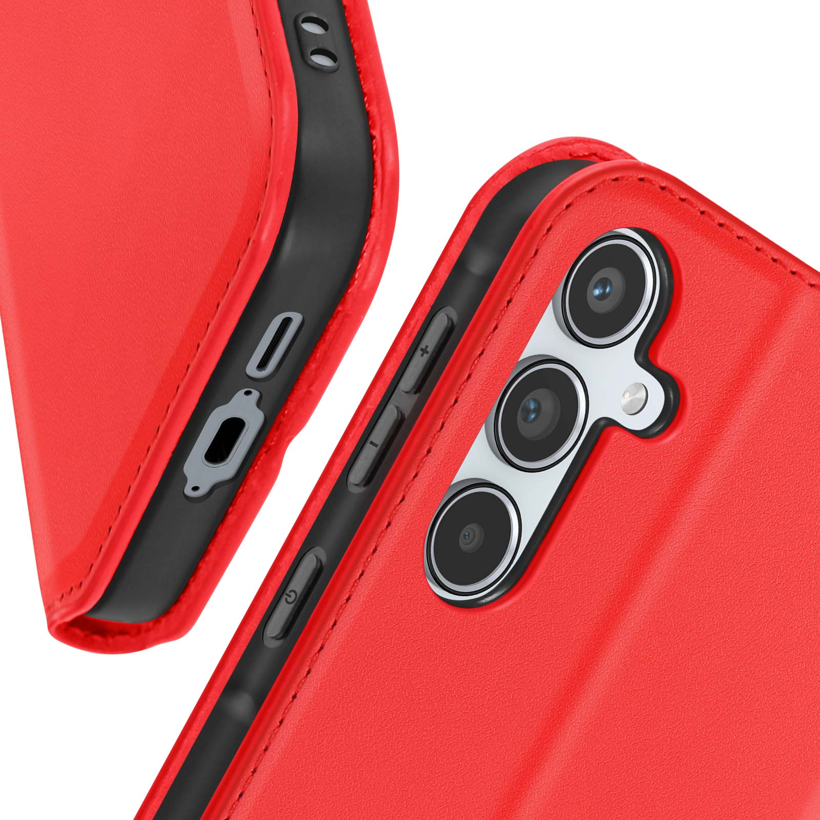 Custodia rossa per telefono, con sezione fotocamera e pulsanti laterali. Interno nero. Primo piano.