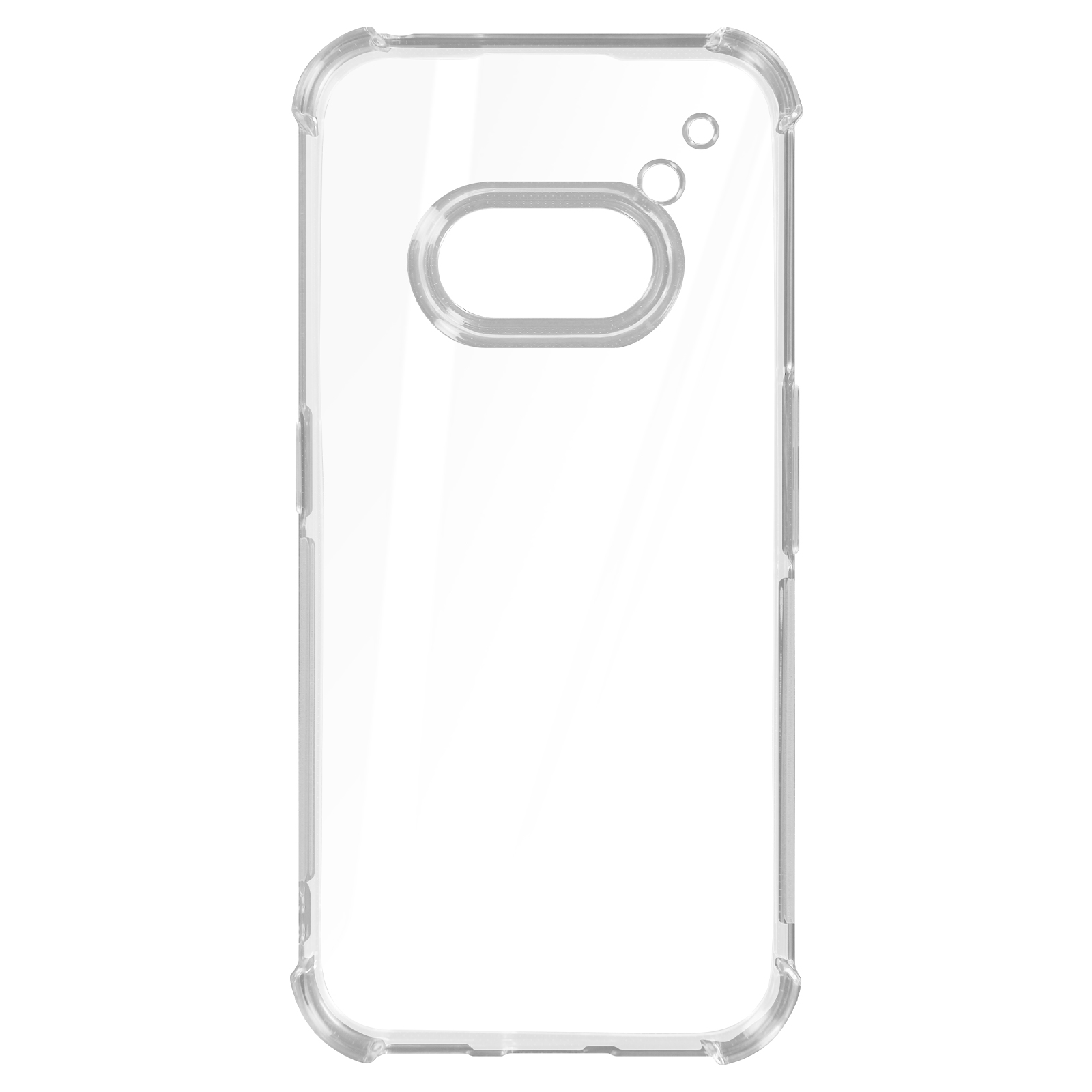 Custodia trasparente per telefono con aperture per fotocamera e pulsanti, design trasparente.