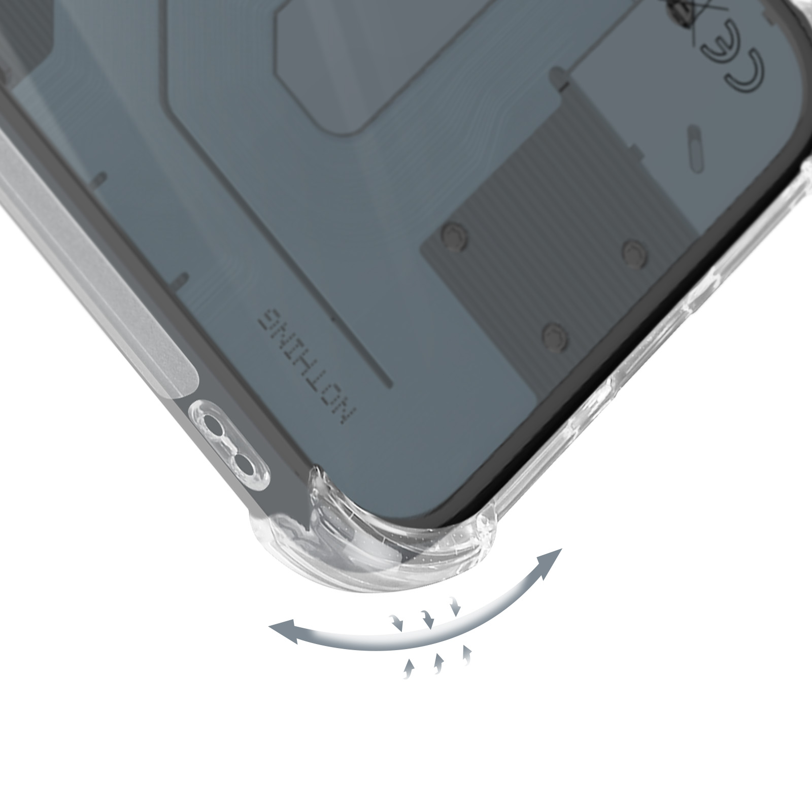 Una custodia trasparente per telefono con retro semitrasparente.