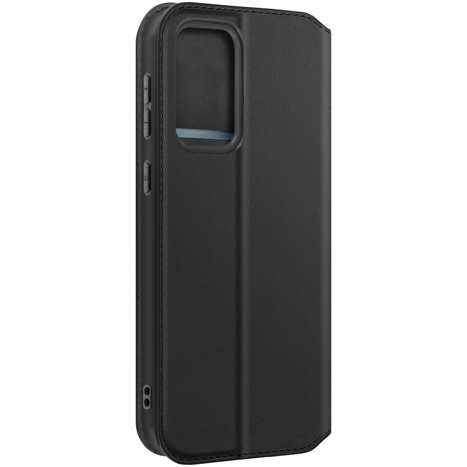 Custodia nera per telefono. La custodia avvolge un telefono. Ha un ritaglio per la fotocamera.
