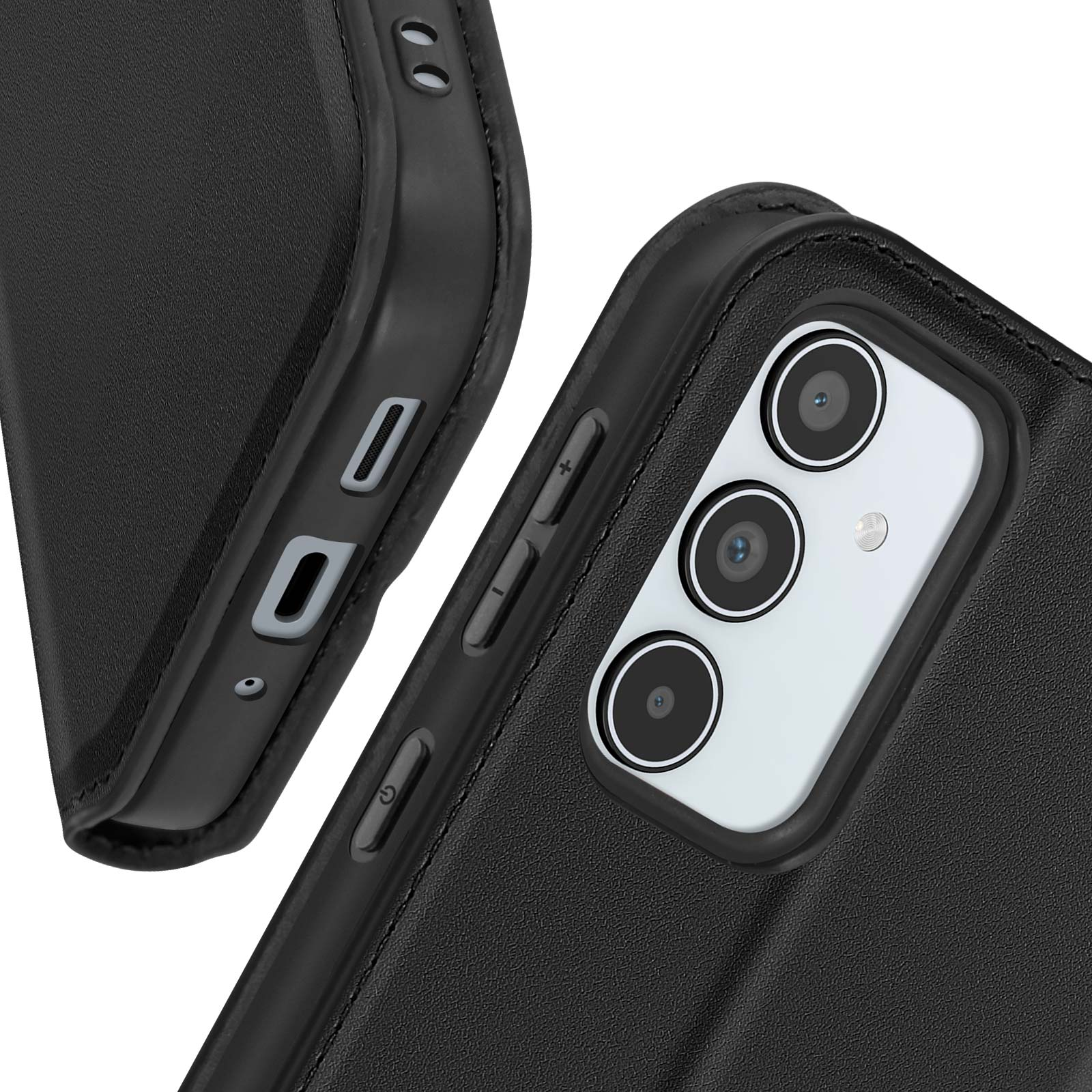 Custodia nera per telefono. La custodia mostra il lato di un telefono con pulsanti e dettagli della fotocamera.
