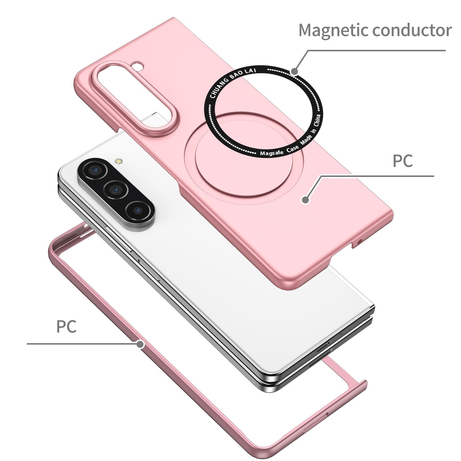 Handyhüllen-Schichten. Eine pinkfarbene Außenhülle, ein klarer Rahmen und ein weißes Telefon mit schwarzer Kamera.