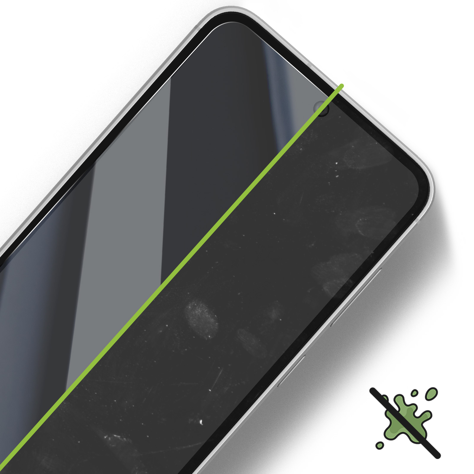Uno schermo del telefono con una linea verde, evidenziando la sua pulizia. Lo schermo è grigio.