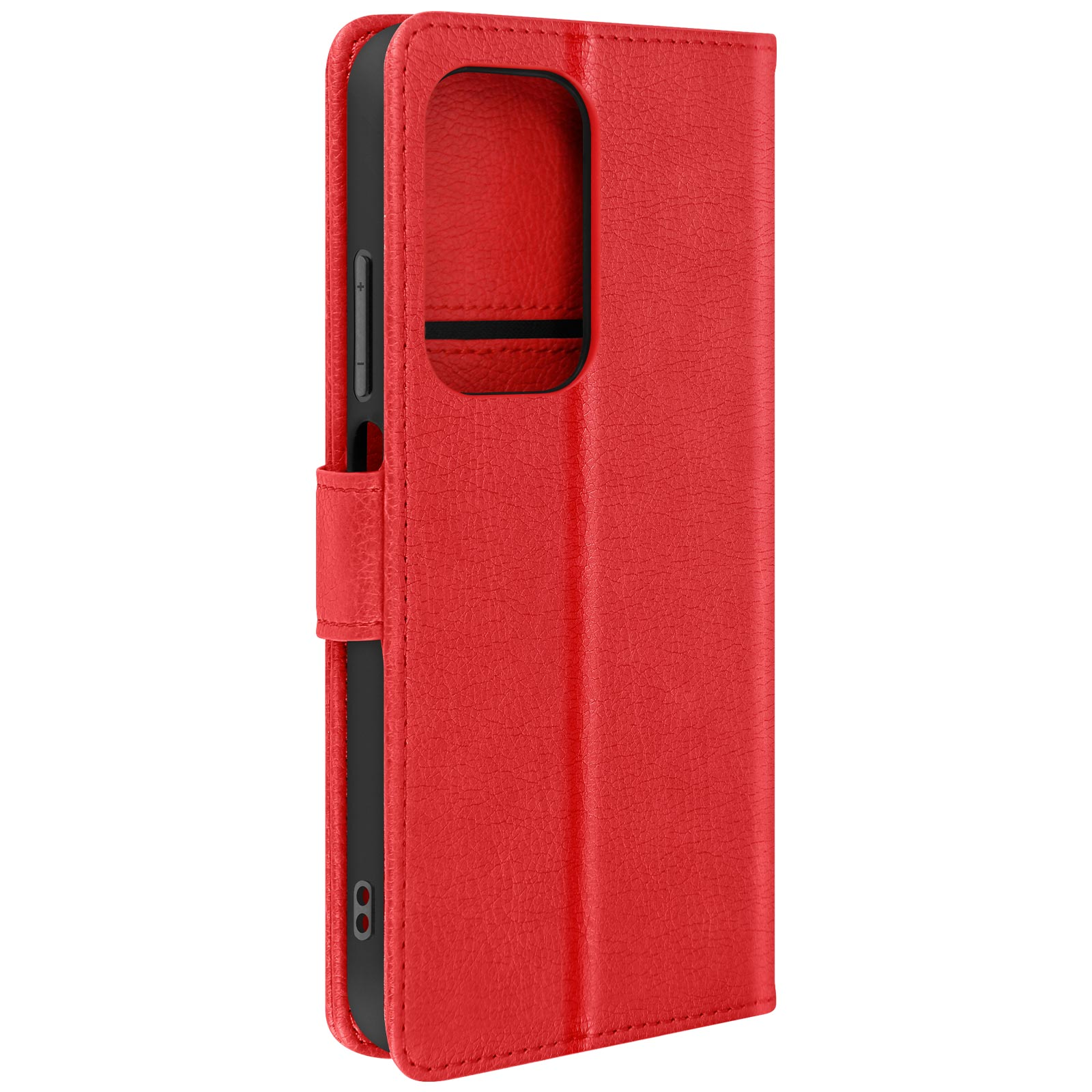 Custodia per telefono rossa, chiusa, con una consistenza liscia simile alla pelle. Ha un ritaglio per la fotocamera.