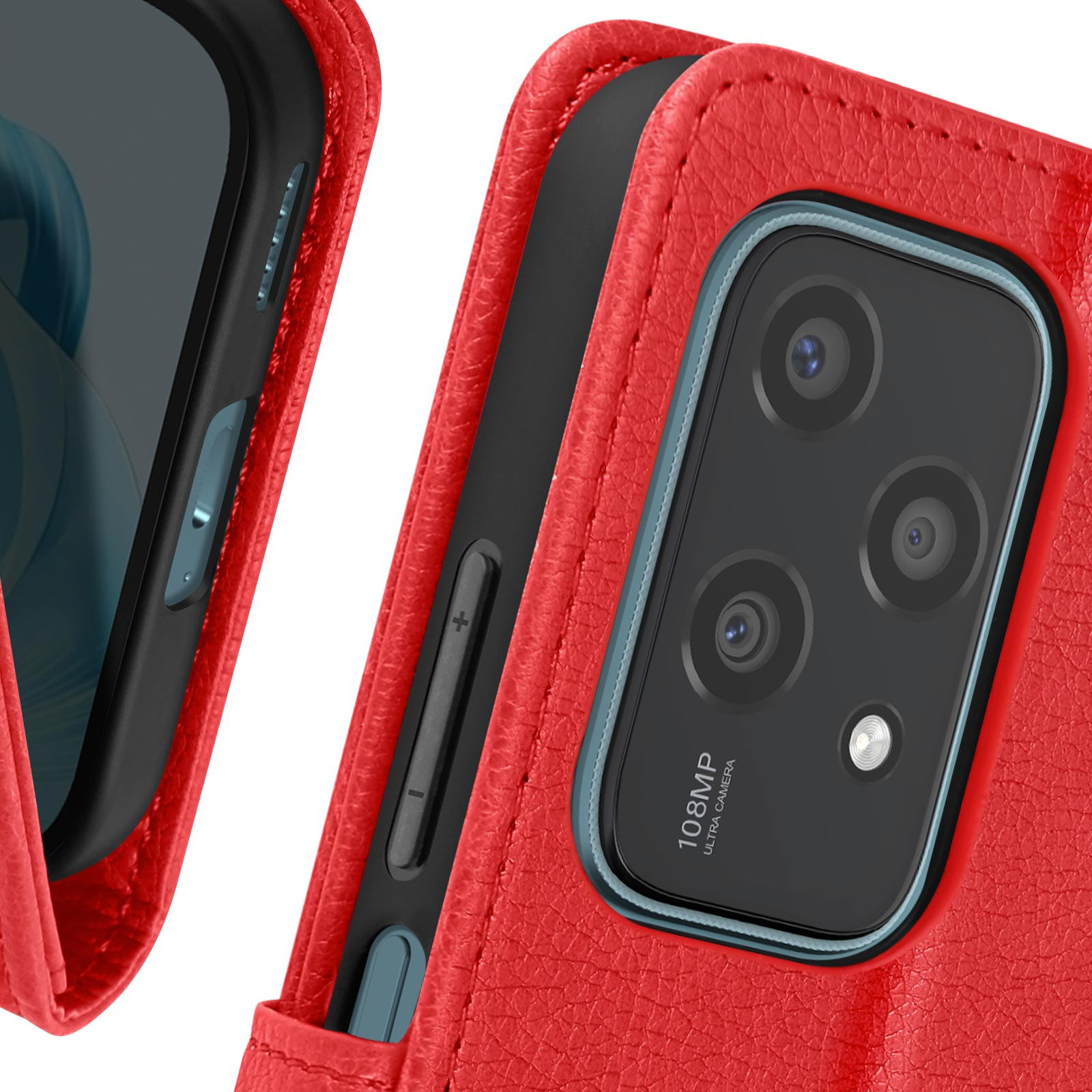 Custodia rossa per telefono, mostra la fotocamera e i pulsanti laterali. La custodia è aperta.