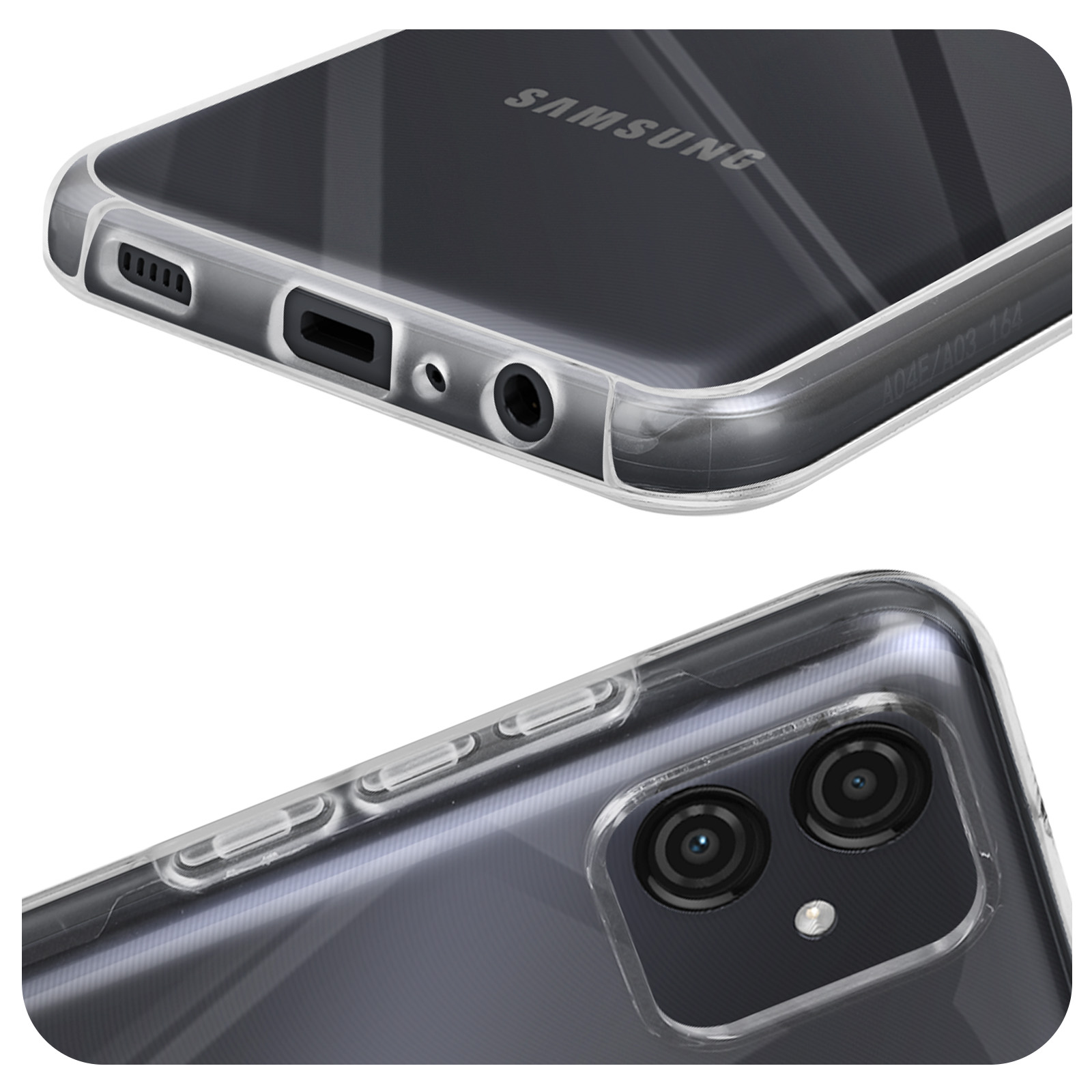 Primo piano di una custodia trasparente per telefono che evidenzia i dettagli della fotocamera e delle porte.