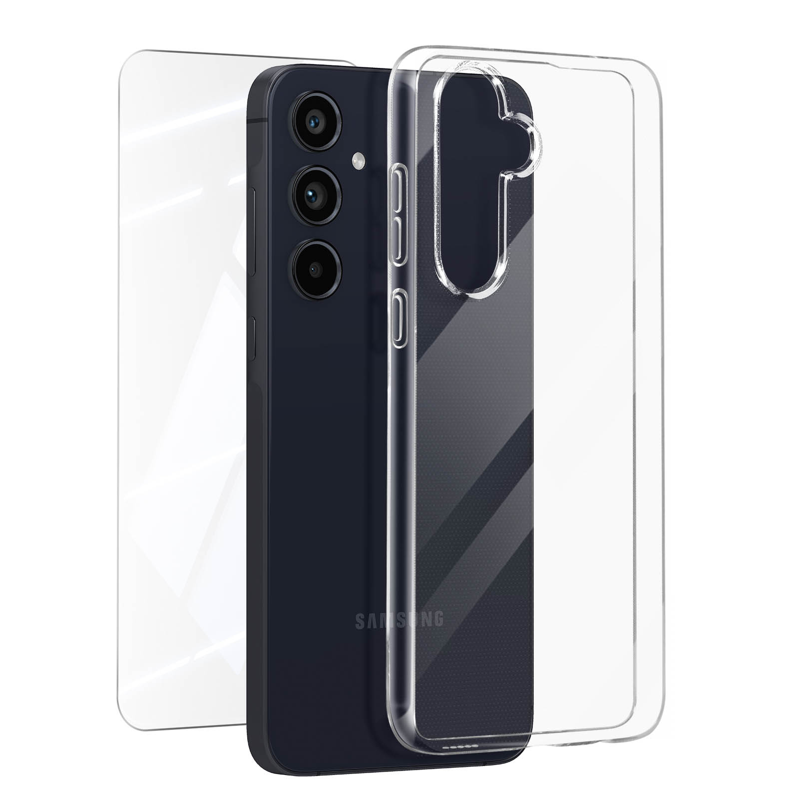 Smartphone nero con custodia trasparente e protezione schermo. C'è uno sfondo bianco.