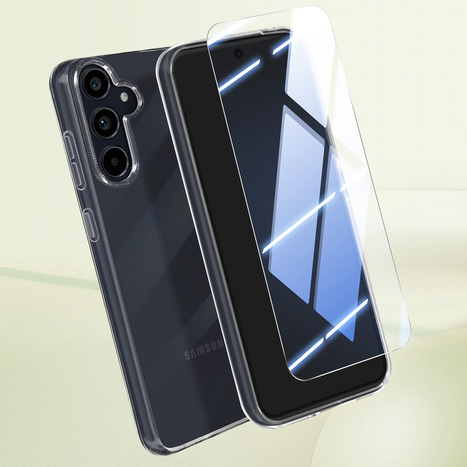 Un telefono con custodia trasparente e protezione per lo schermo davanti. Il telefono è nero.