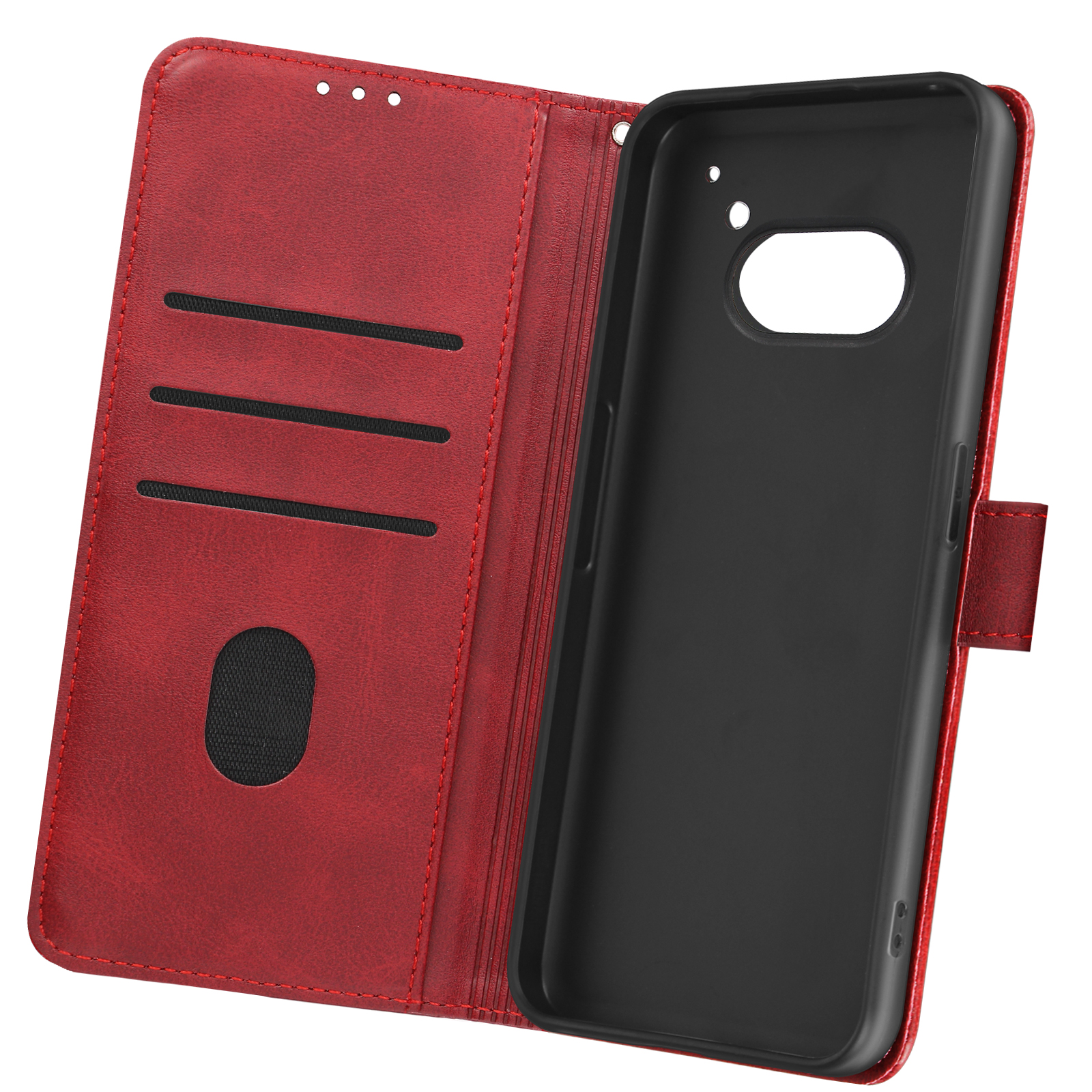 Custodia del telefono rossa aperta. La custodia ha fessure per carte. Custodia del telefono nera all'interno.