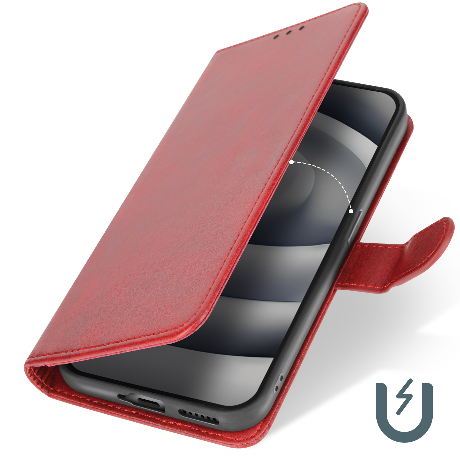 Custodia rossa per telefono con copertina a ribalta, che tiene un telefono. La copertina è aperta e ha una chiusura magnetica.