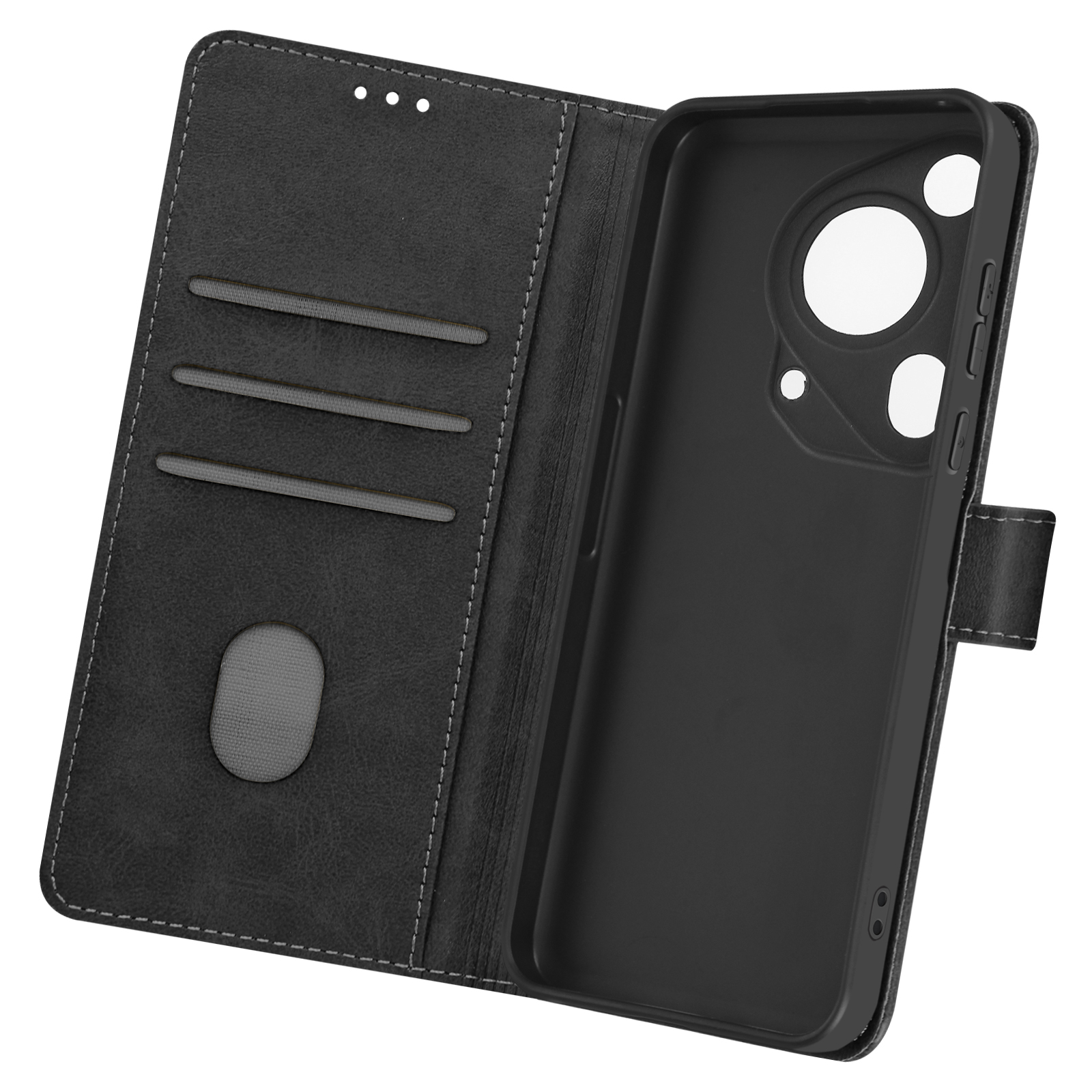 Custodia per telefono nera, aperta, con fessure per carte e supporto per telefono. Con chiusura magnetica.