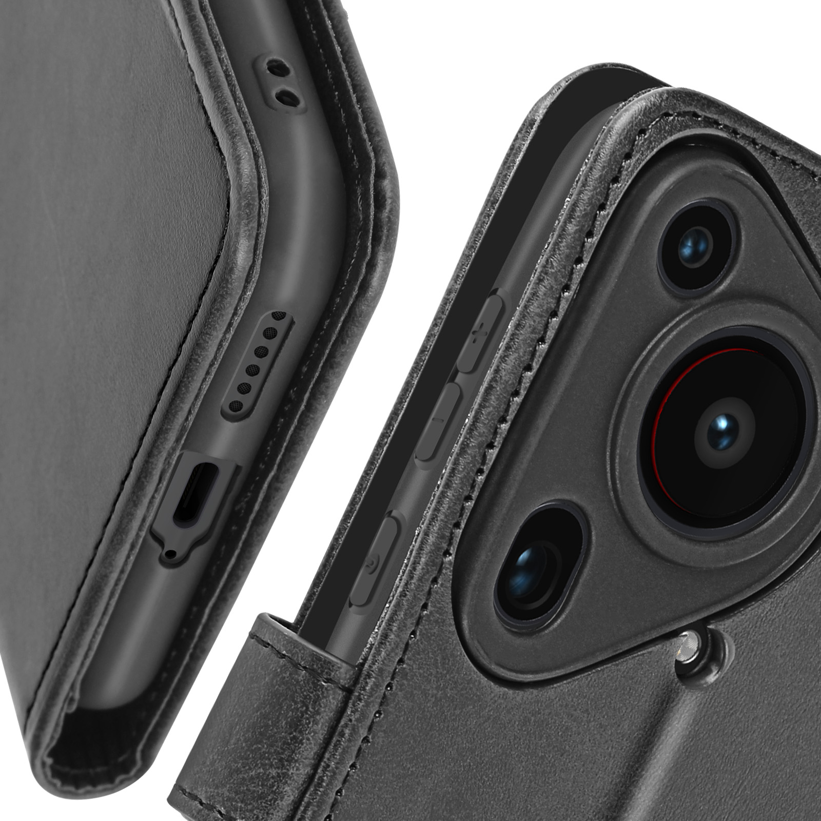 Primo piano di una custodia nera per telefono con ritaglio per fotocamera e dettagli dei pulsanti.