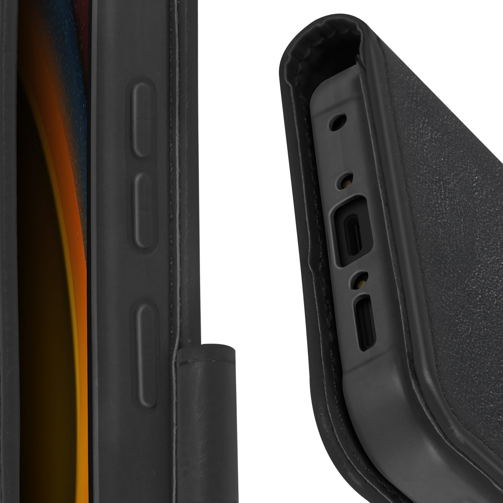 Zwarte telefoonhoes. Close-up. Rand van de hoes met knoppen en oplaadpoort zichtbaar.