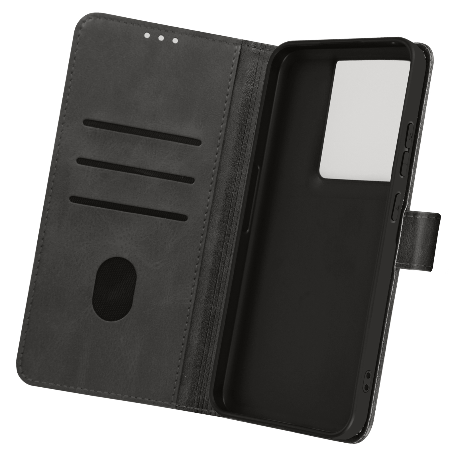 Custodia per telefono in pelle nera, aperta, con fessure per carte e supporto.