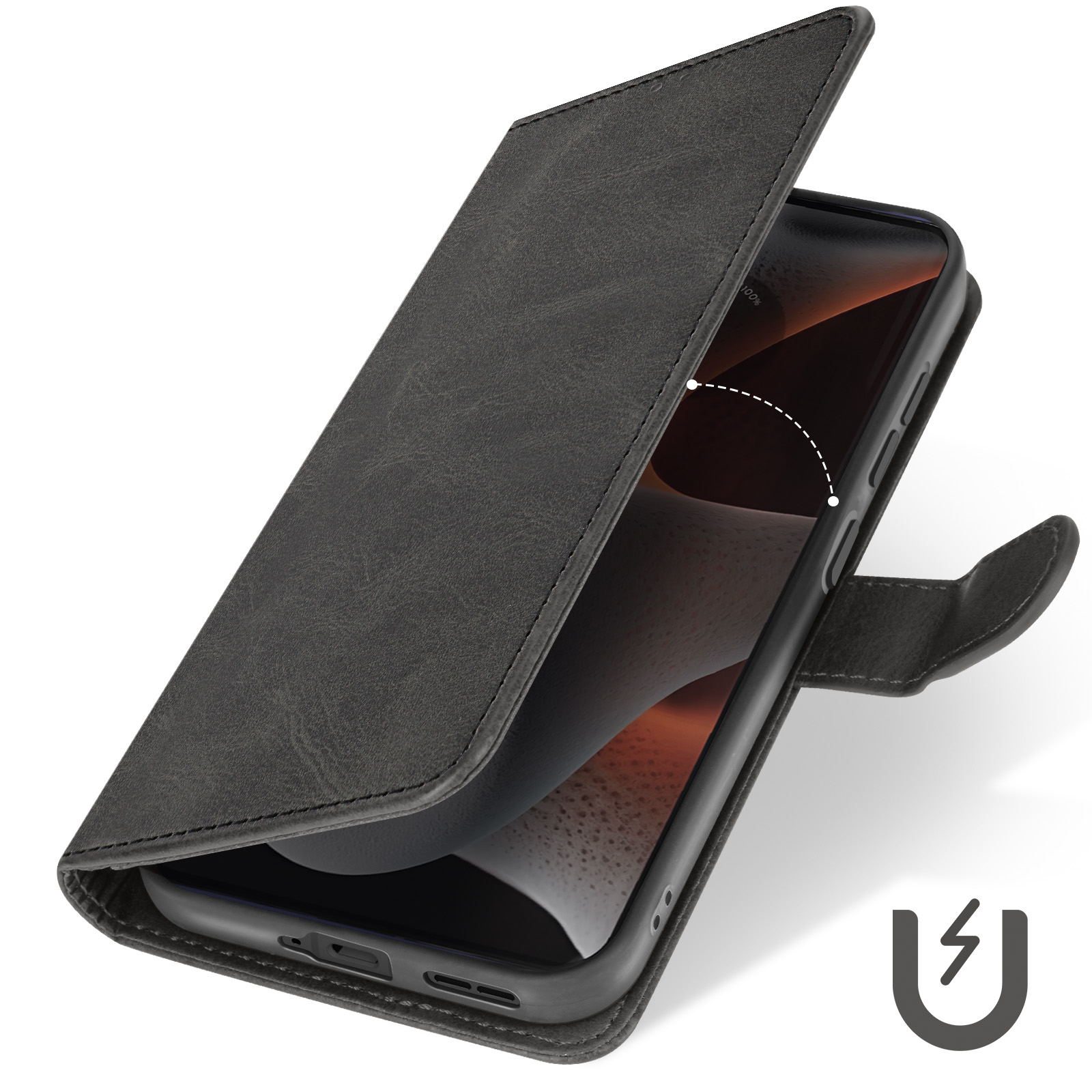 Custodia per telefono nera aperta con telefono all'interno. Stile a portafoglio, con simbolo di chiusura magnetica.