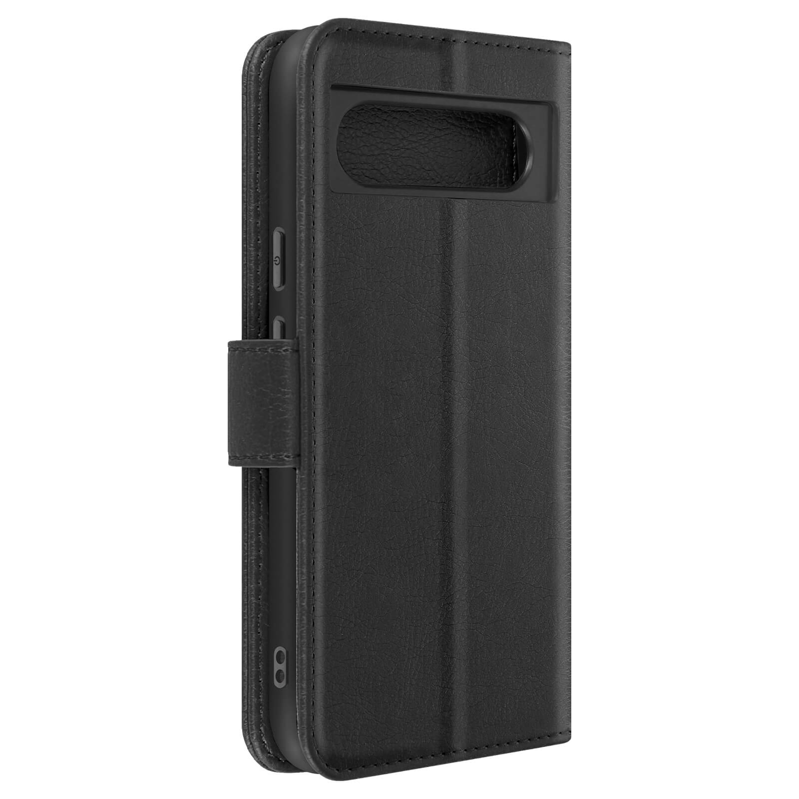 Custodia per telefono in pelle nera con design a portafoglio, con chiusura magnetica.