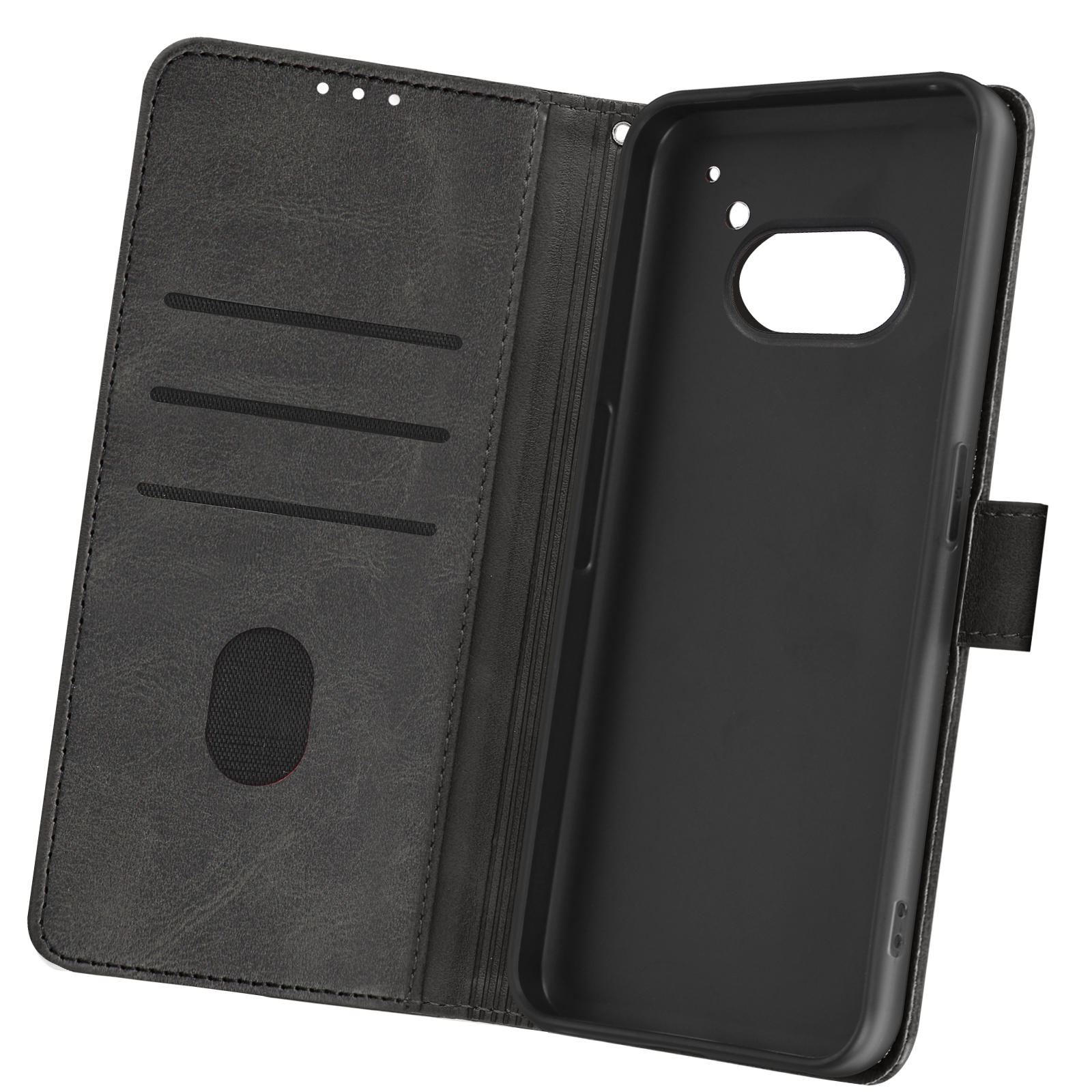 Custodia del telefono nera aperta. Il lato sinistro ha fessure per carte, il lato destro tiene il telefono. Ripiegata con linguetta magnetica.