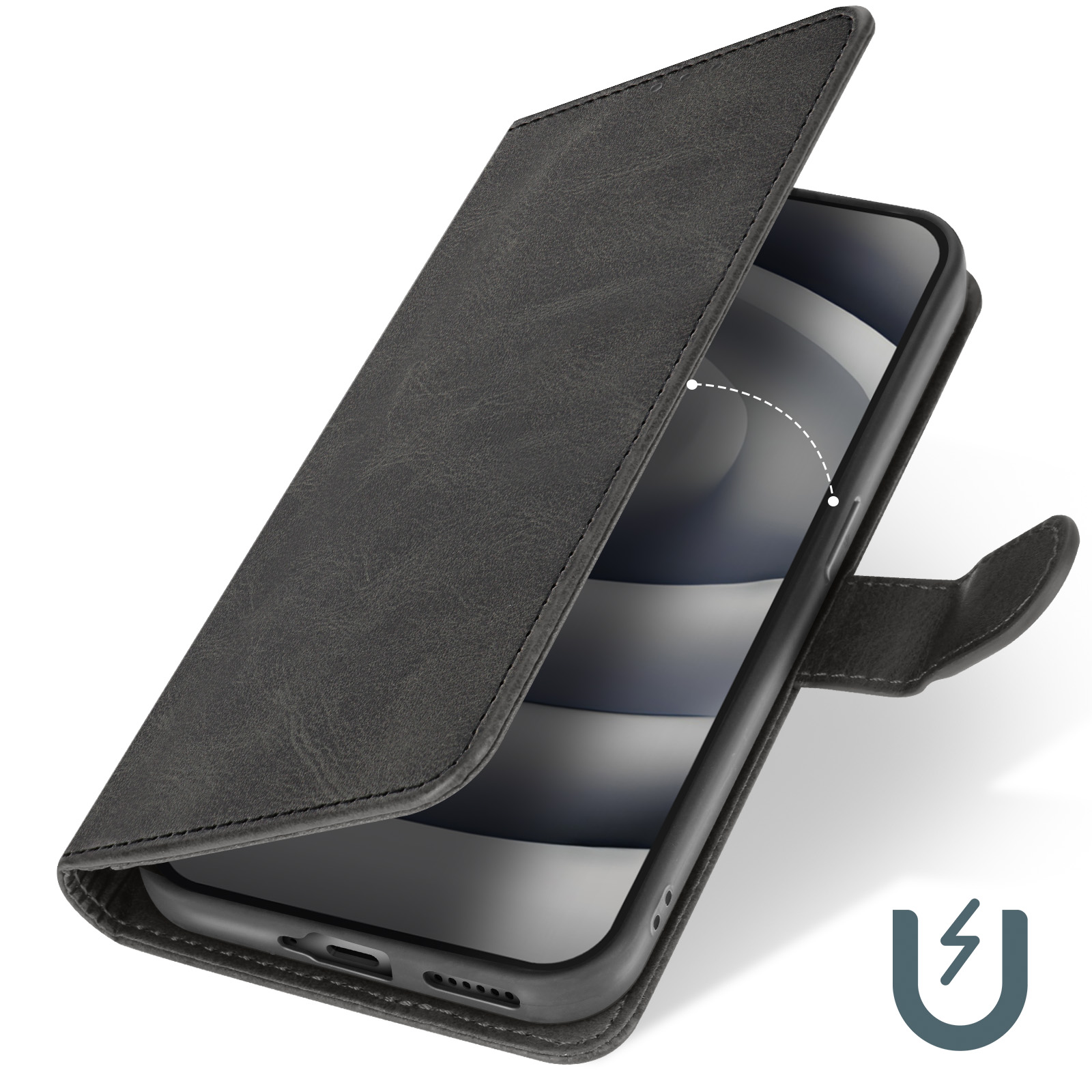 Un telefono in una custodia nera con la cover aperta. Un logo a forma di fulmine stilizzato è visibile.