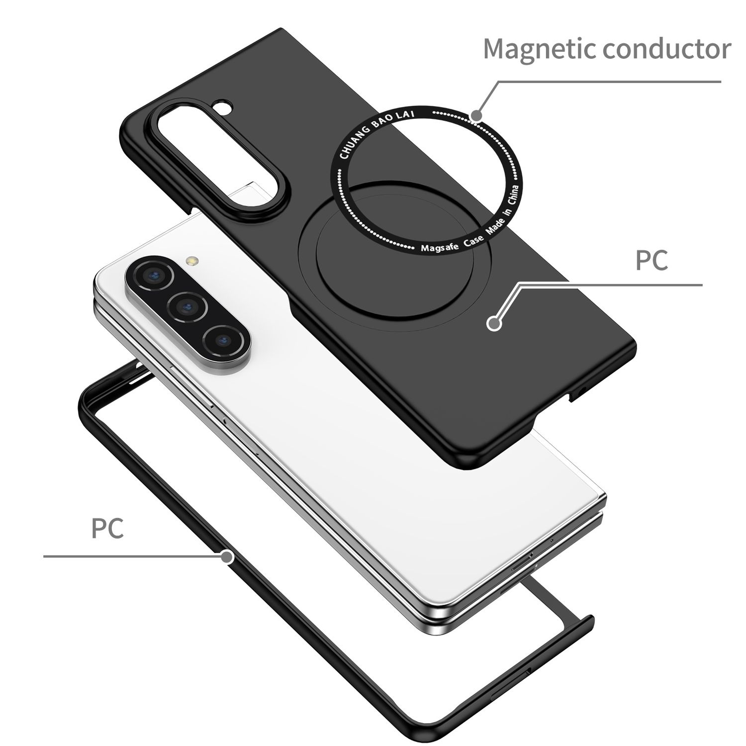 Zerlegtes Telefon, das den magnetischen Leiter und PC-Komponenten zeigt.