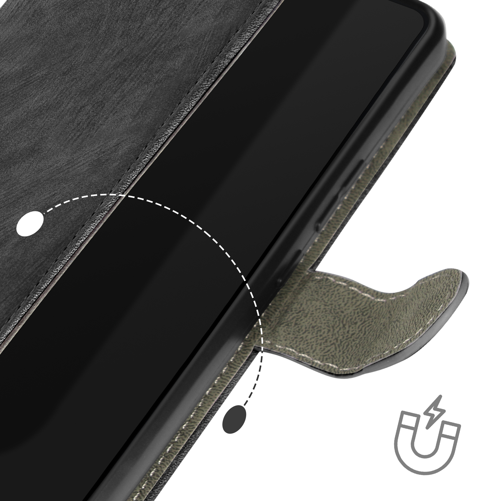 Ein schwarzes Telefon in einem grauen Gehäuse mit Magnetverschluss-Symbol.