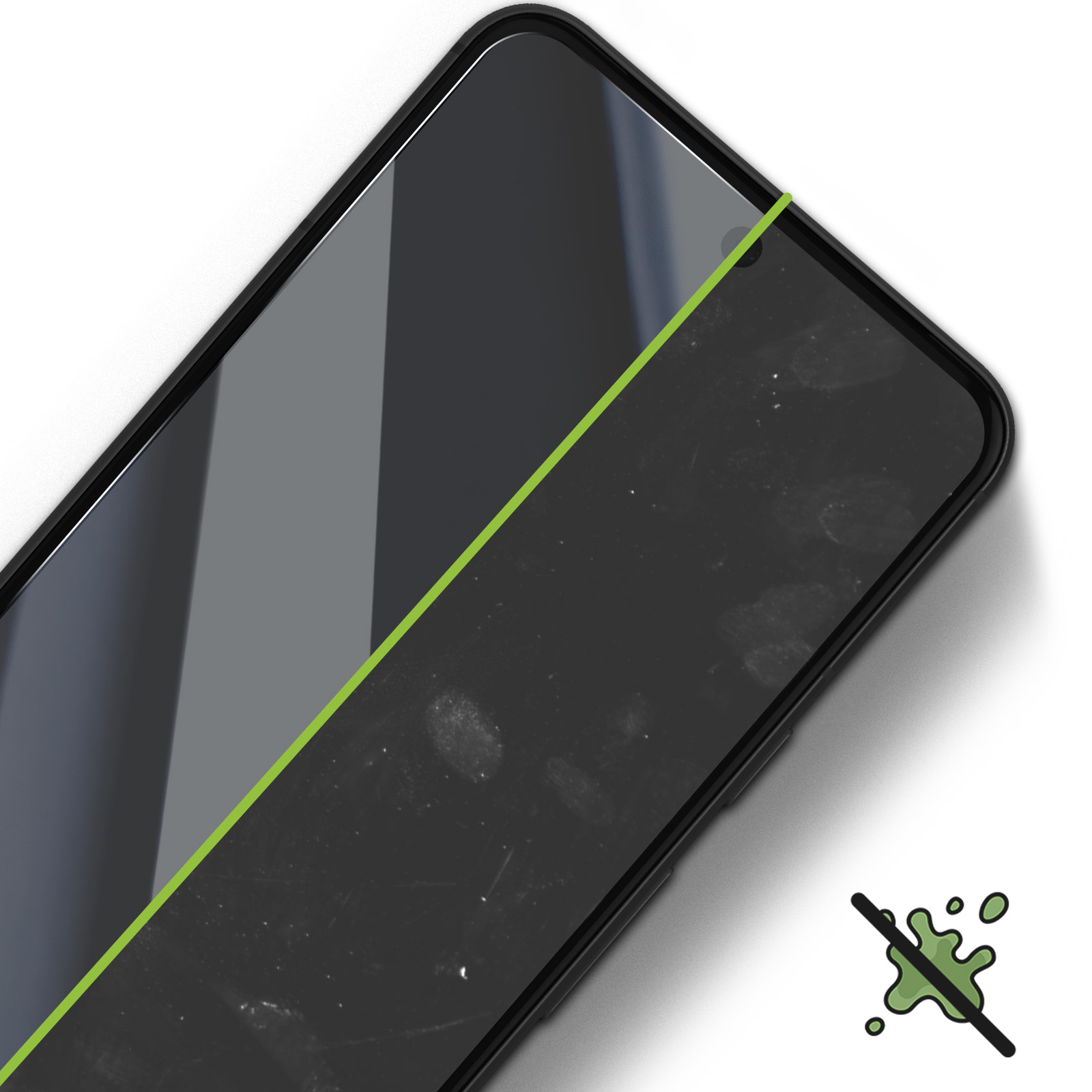 Schermo di smartphone con una linea verde che evidenzia il lato pulito. Il lato sporco ha impronte digitali.