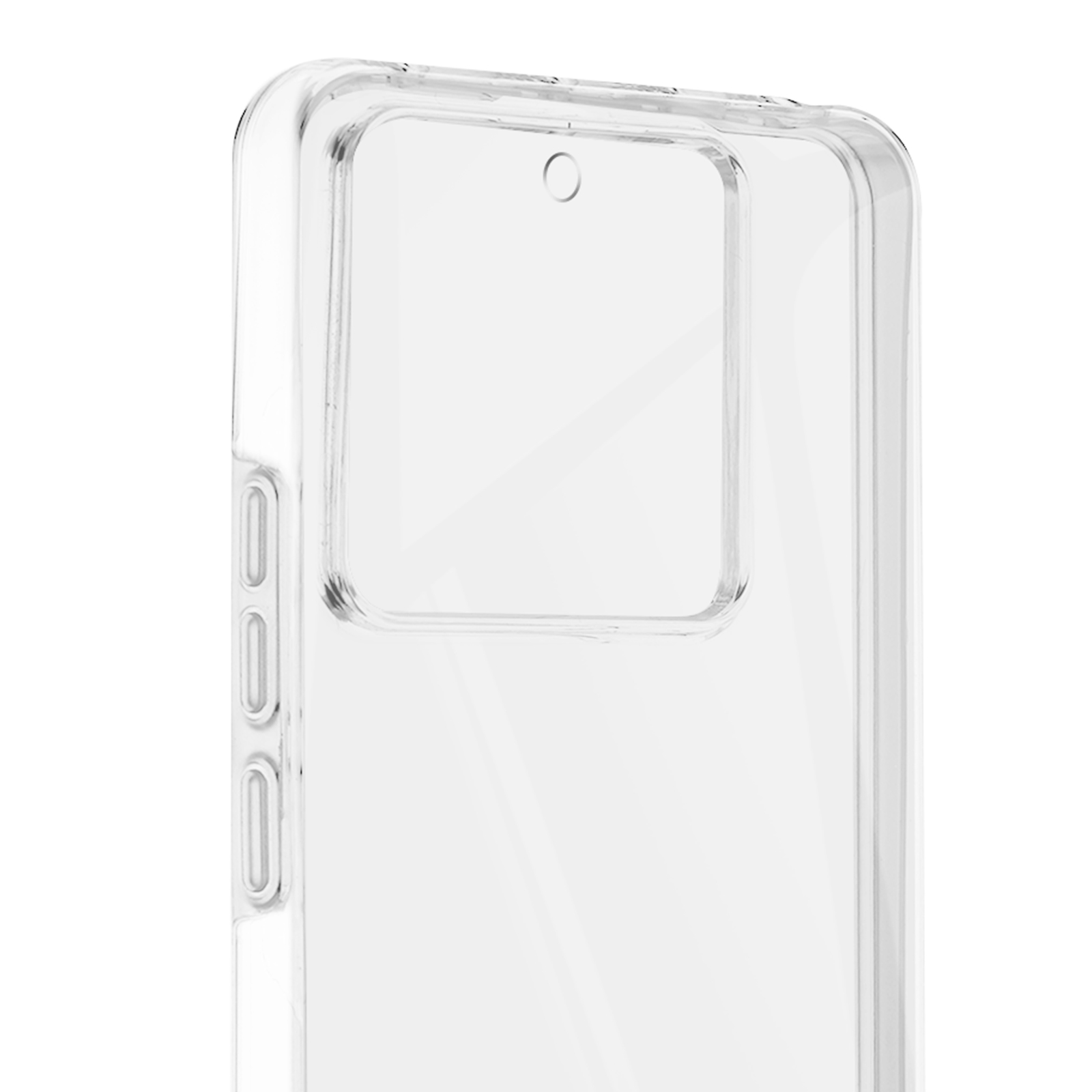 Custodia trasparente per telefono, che mostra l'area della fotocamera e i pulsanti laterali. Design trasparente.