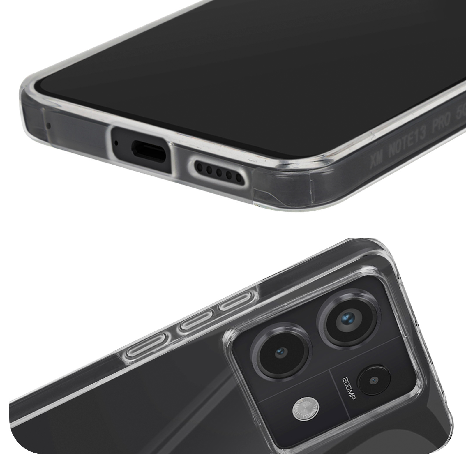 Custodia trasparente su telefono nero, mostra porte e fotocamera. Dettagli del design del telefono.