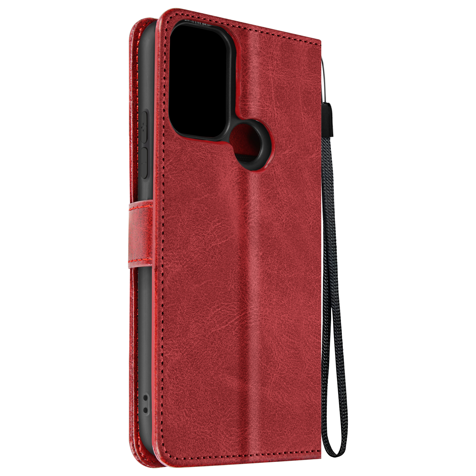 Custodia per telefono in pelle rossa con cinturino. Il telefono è dentro. La custodia è chiusa.