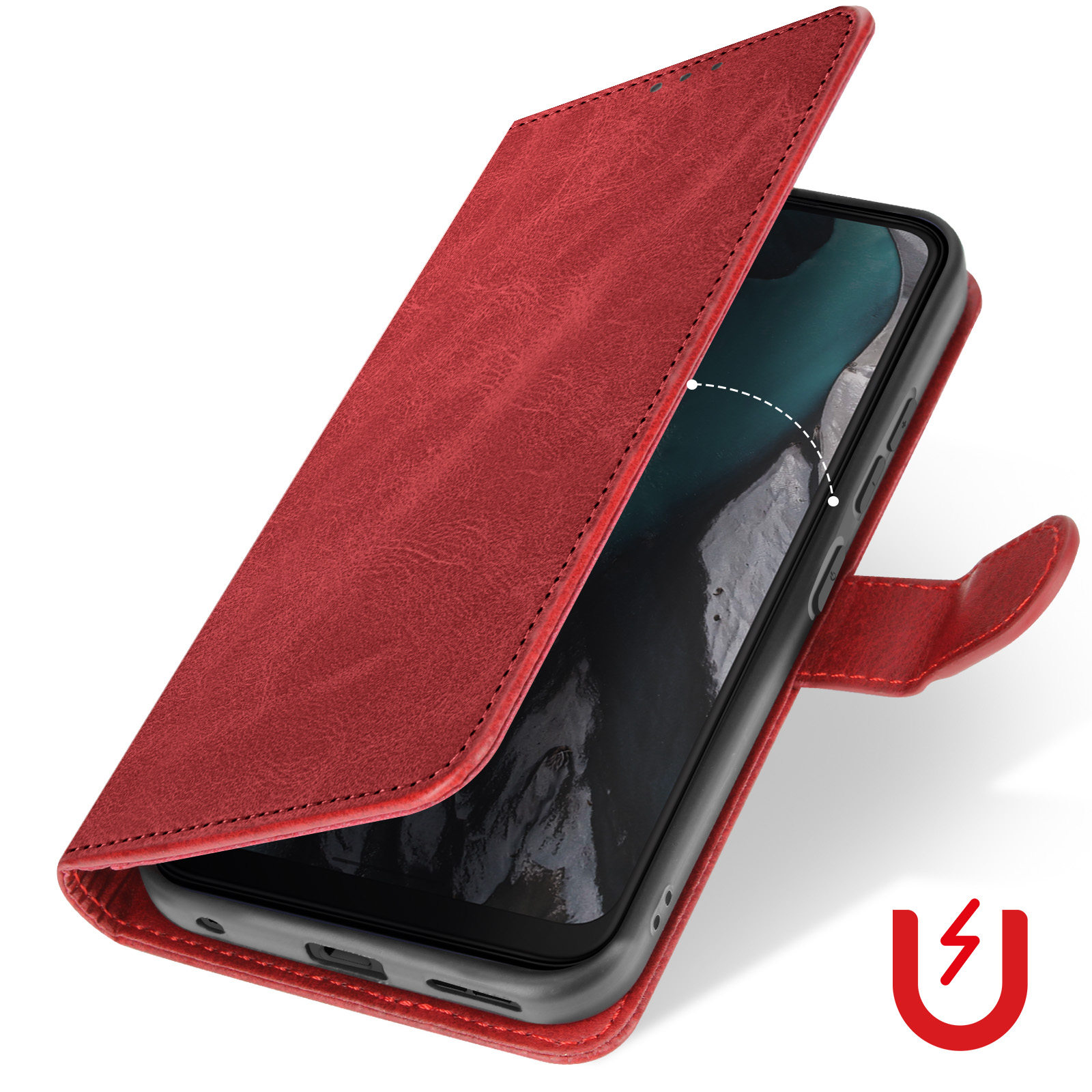 Una custodia per telefono in pelle rossa, aperta, che mostra un telefono. Una mano tiene il telefono.