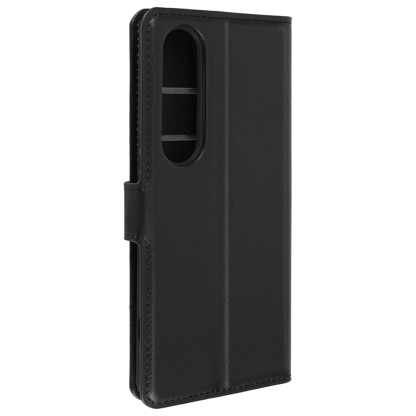 Schwarze Leder-Handyhülle mit Kameraausschnitt. Geschlossen, vertikal.
